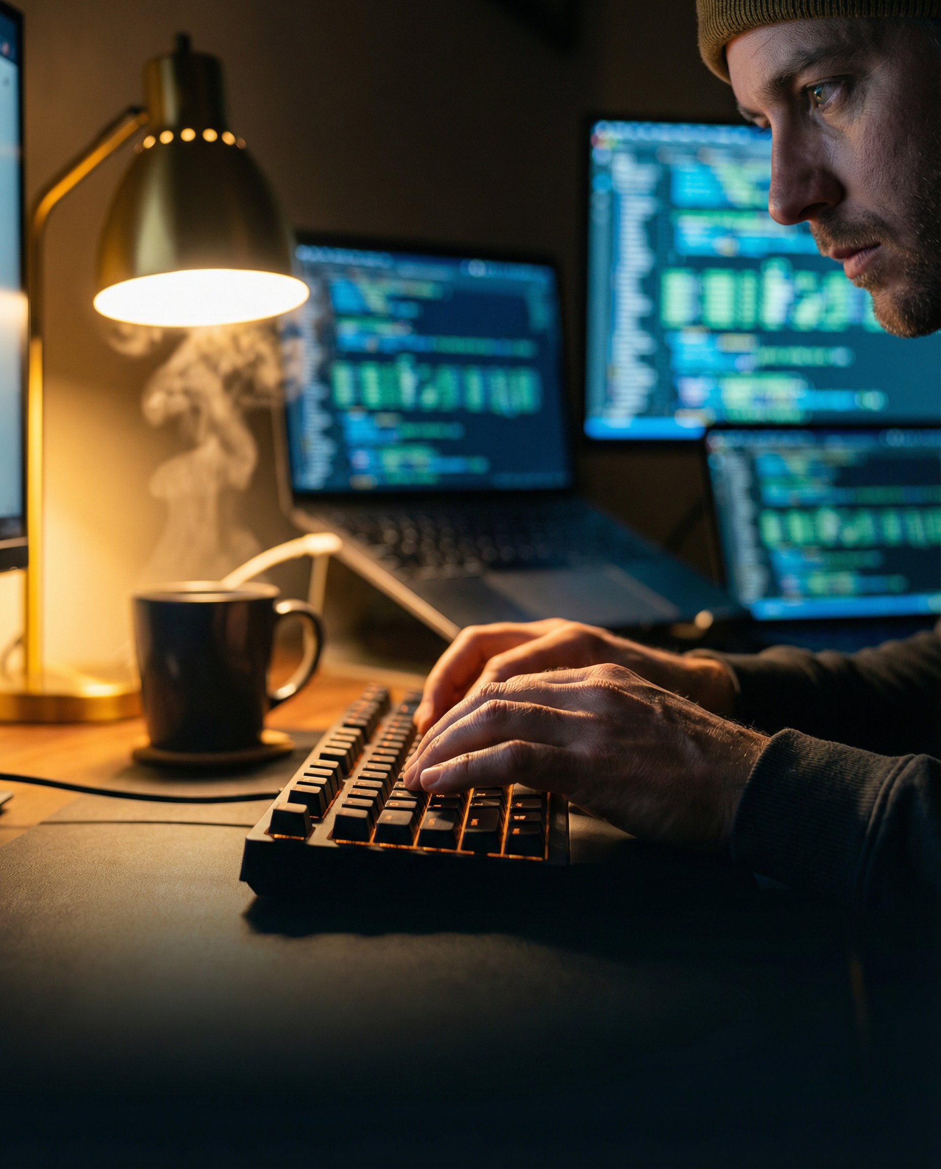 Photorealistic editorial photograph: extreme close-up of hands typing on backlit keyboard at 3am, multiple glowing laptop screens in background show AI content generation interfaces with scrolling tex