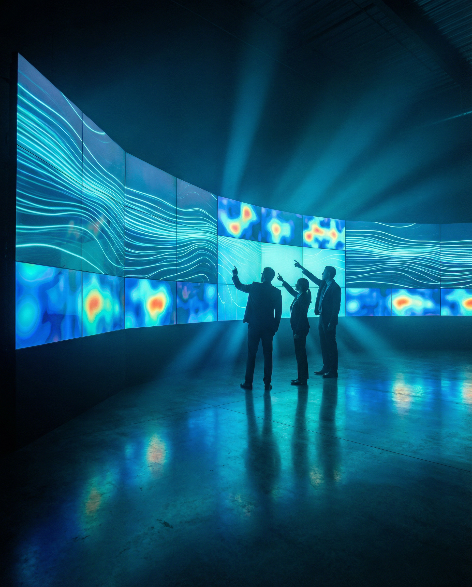Photorealistic editorial photograph: wide angle shot of modern analytics war room, massive curved monitor wall displaying real-time predictive graphs and heat maps in electric blue and cyan, silhouett
