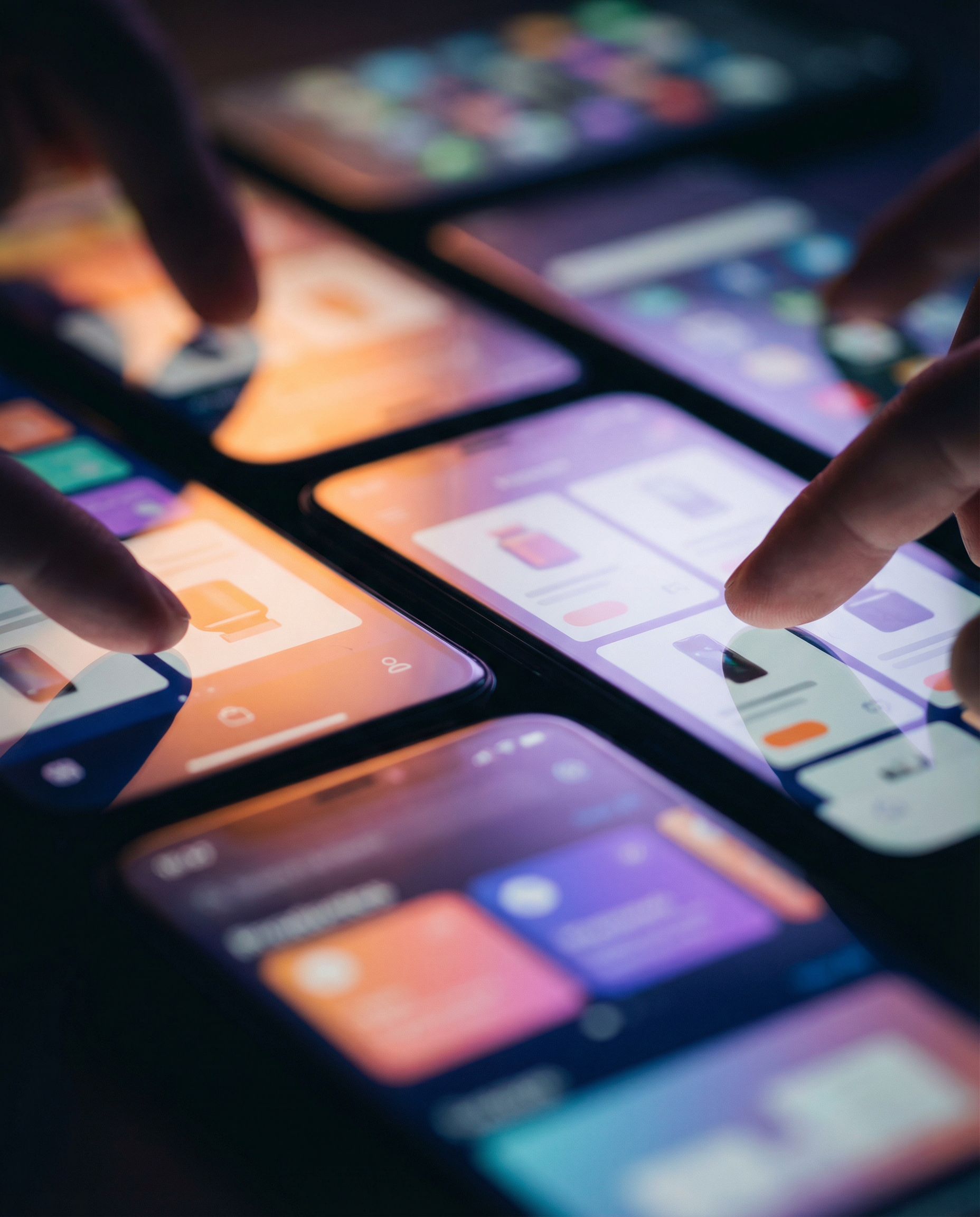 Photorealistic editorial photograph: extreme close-up of multiple smartphone screens displaying personalized content variations, each screen shows different product recommendations and user interfaces