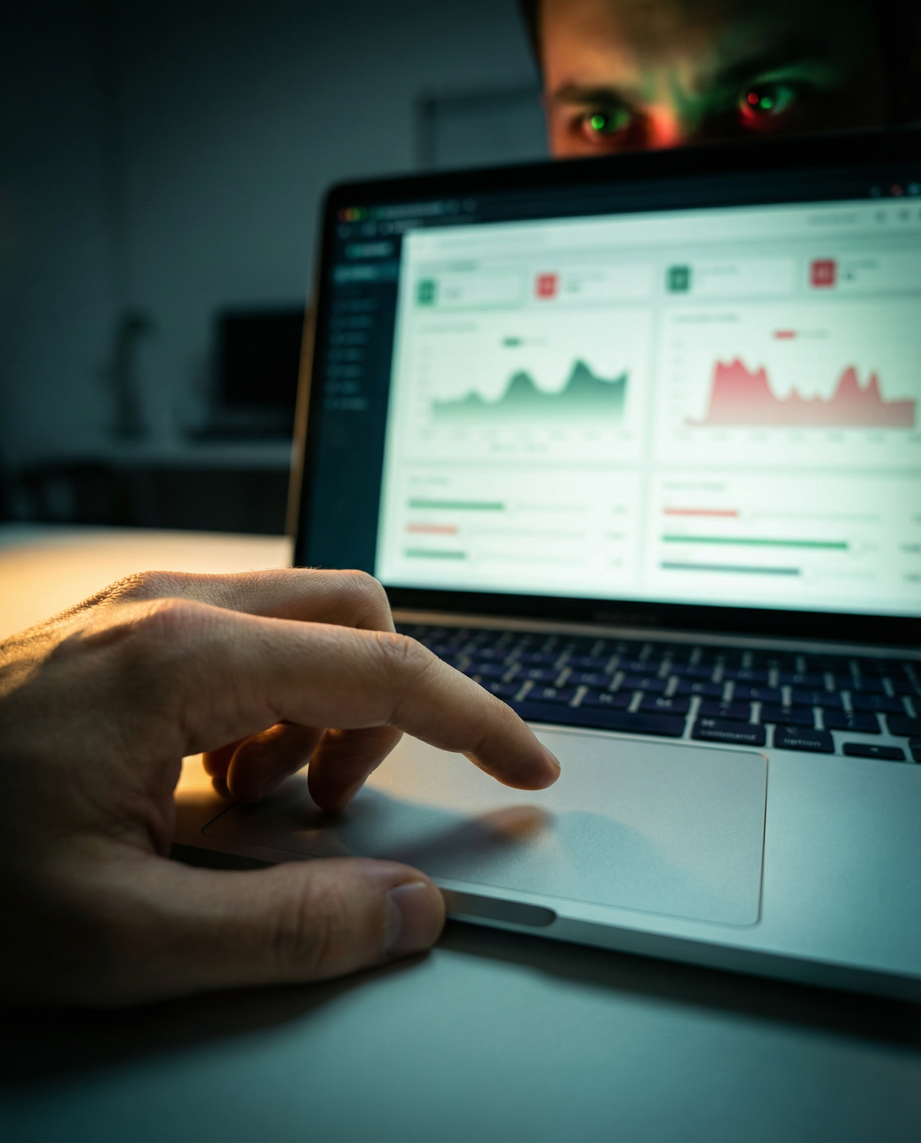 Photorealistic editorial photograph: dramatic close-up of hand hovering over laptop trackpad, finger about to click, screen displays advertising dashboard with budget sliders and real-time performance