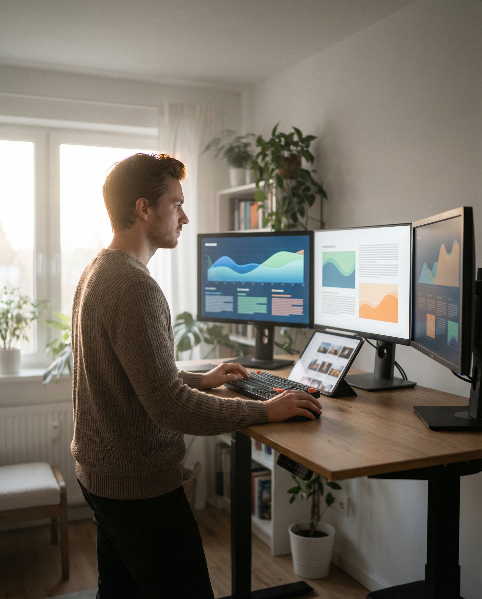 Photorealistic editorial photograph: wide establishing shot of content creator at standing desk with three monitors displaying AI writing interface mid-generation, articles flowing across screens, nat