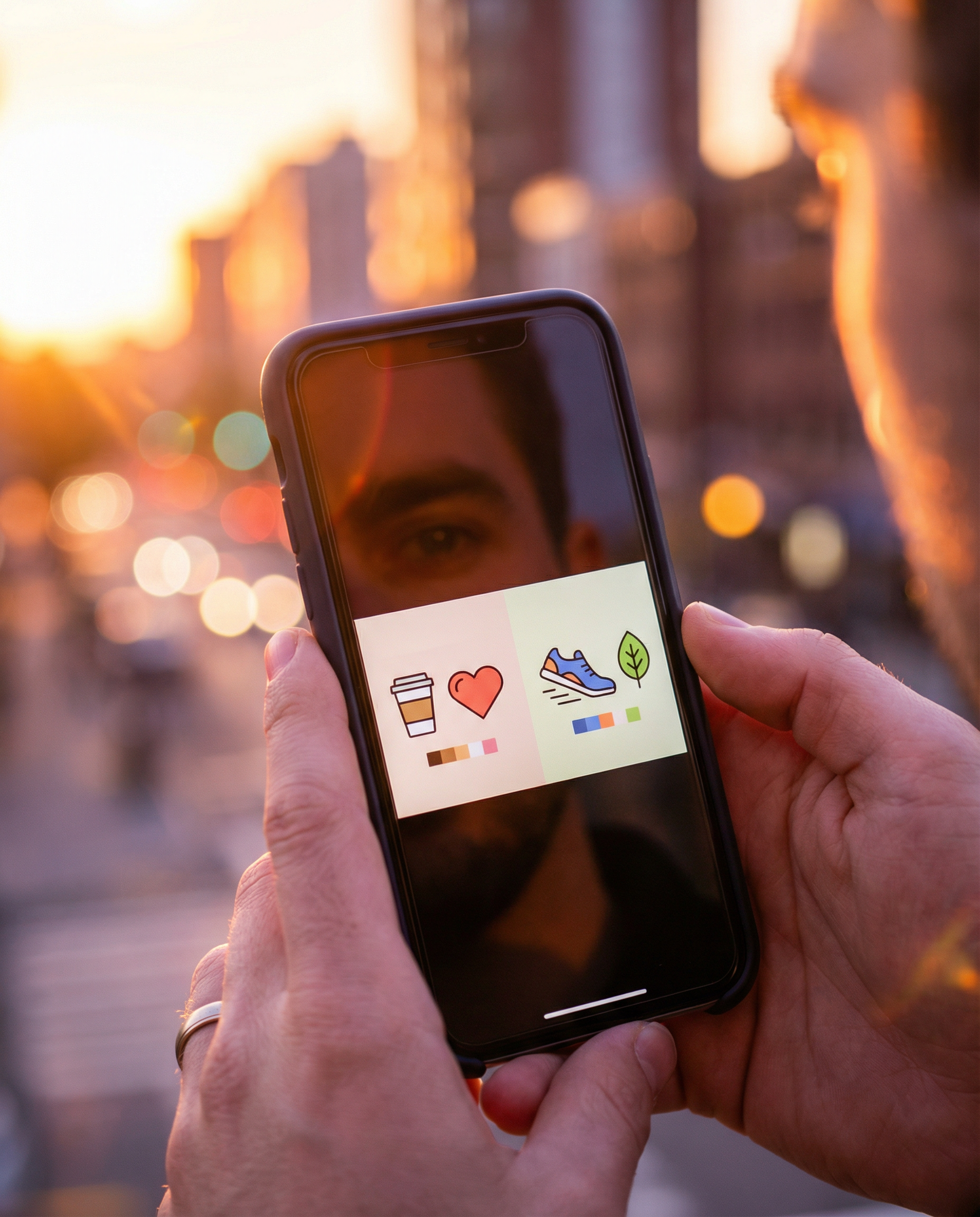 Photorealistic editorial photograph: split-screen moment captured on smartphone held in foreground showing two different personalized marketing messages side by side, shallow focus on device screen wi