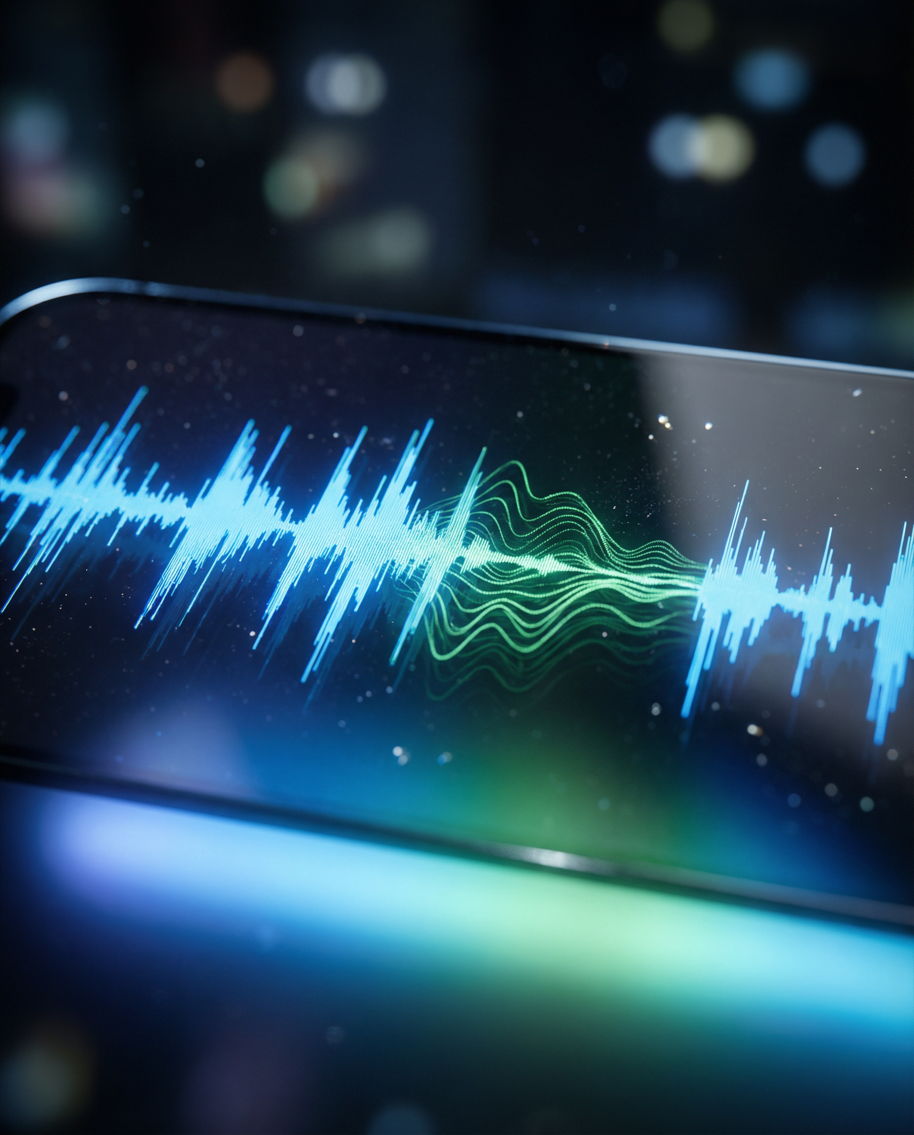 Photorealistic close-up editorial photograph: extreme macro shot of sound waveform visualization on high-resolution monitor screen, focusing on the precise moment where robotic jagged waveform transit