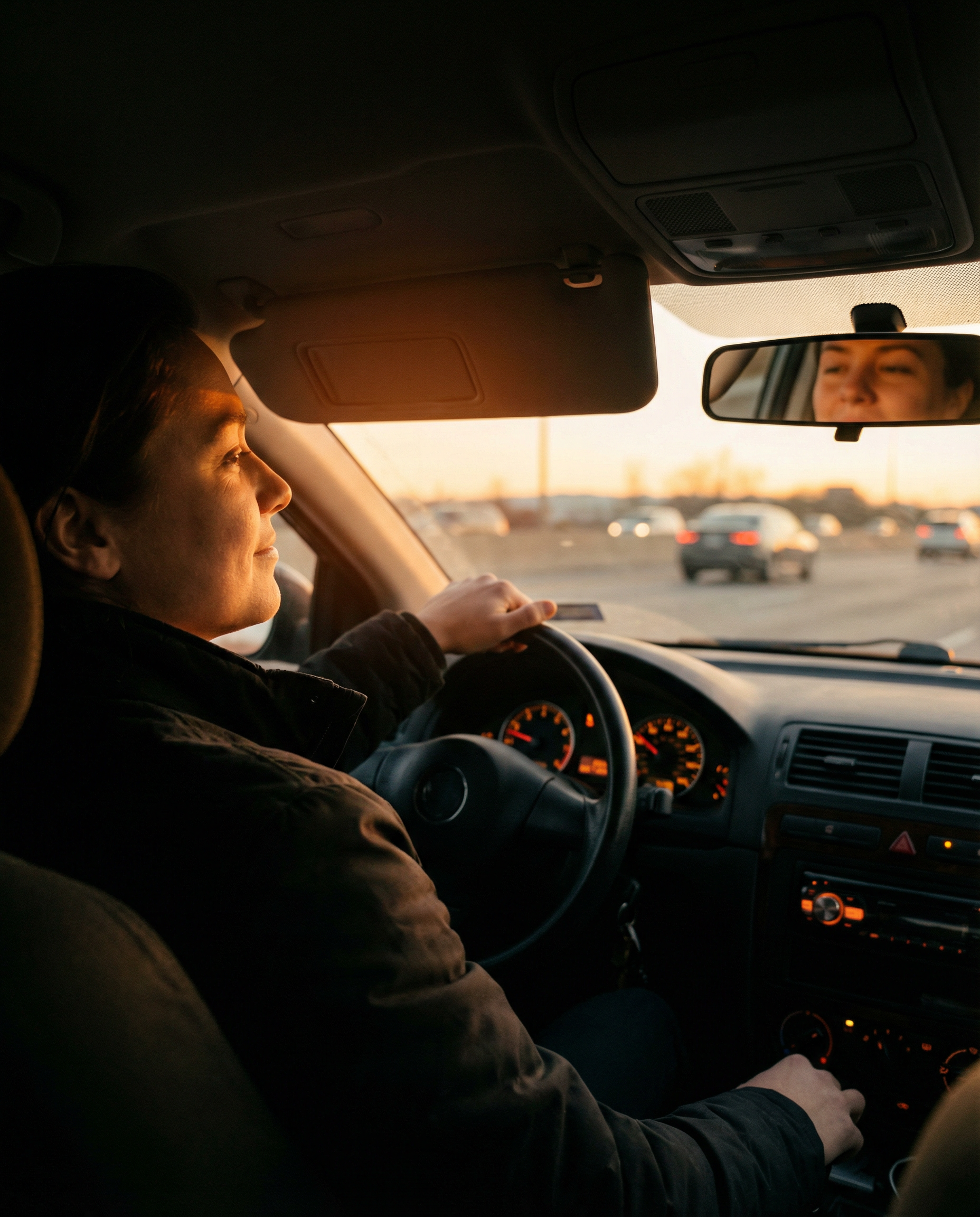 Photorealistic editorial photograph: content marketer in car driver's seat during golden hour commute, one hand on steering wheel, genuinely absorbed expression listening through dashboard speakers, w