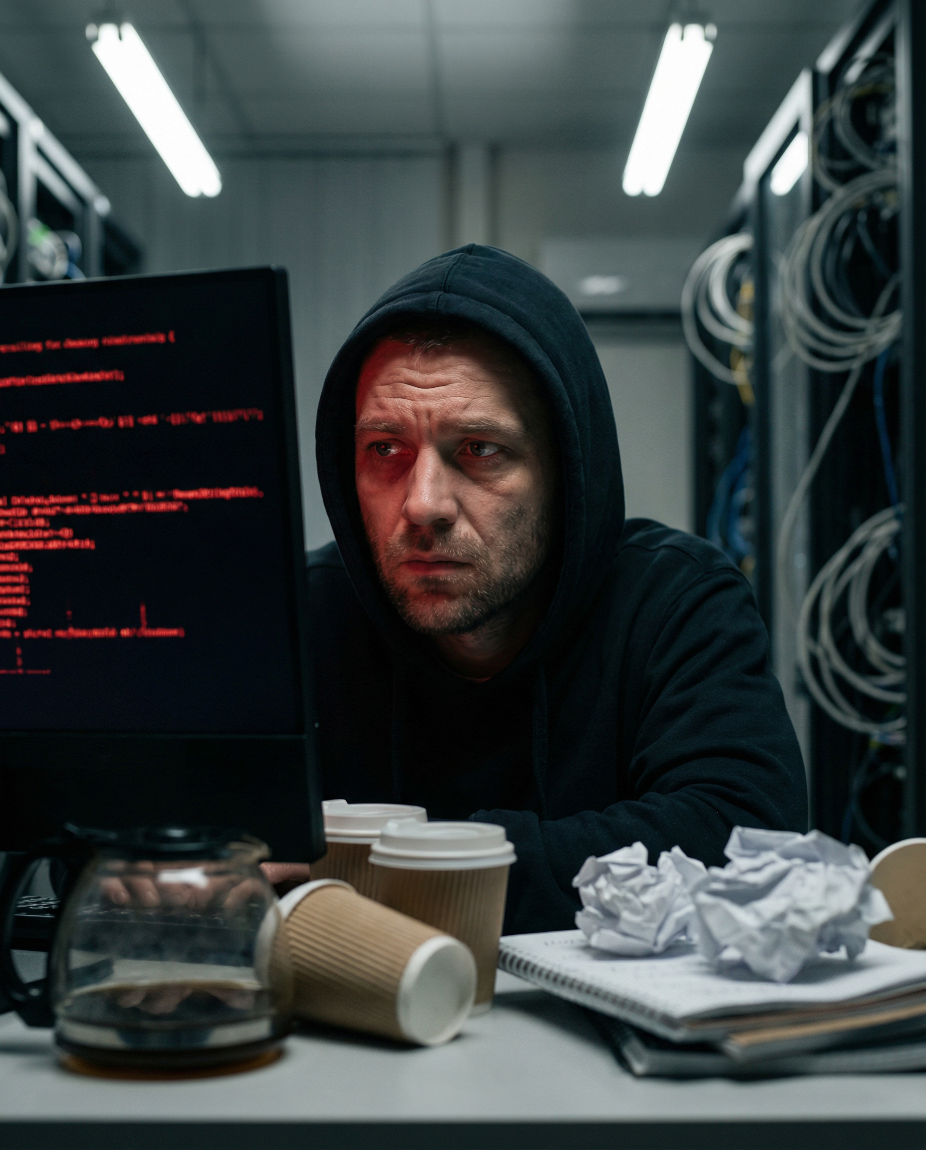 Photorealistic editorial photograph: aftermath scene of production environment disaster, close-up of emergency rollback screen with cascading system alerts reflected in stressed developer's face, hars