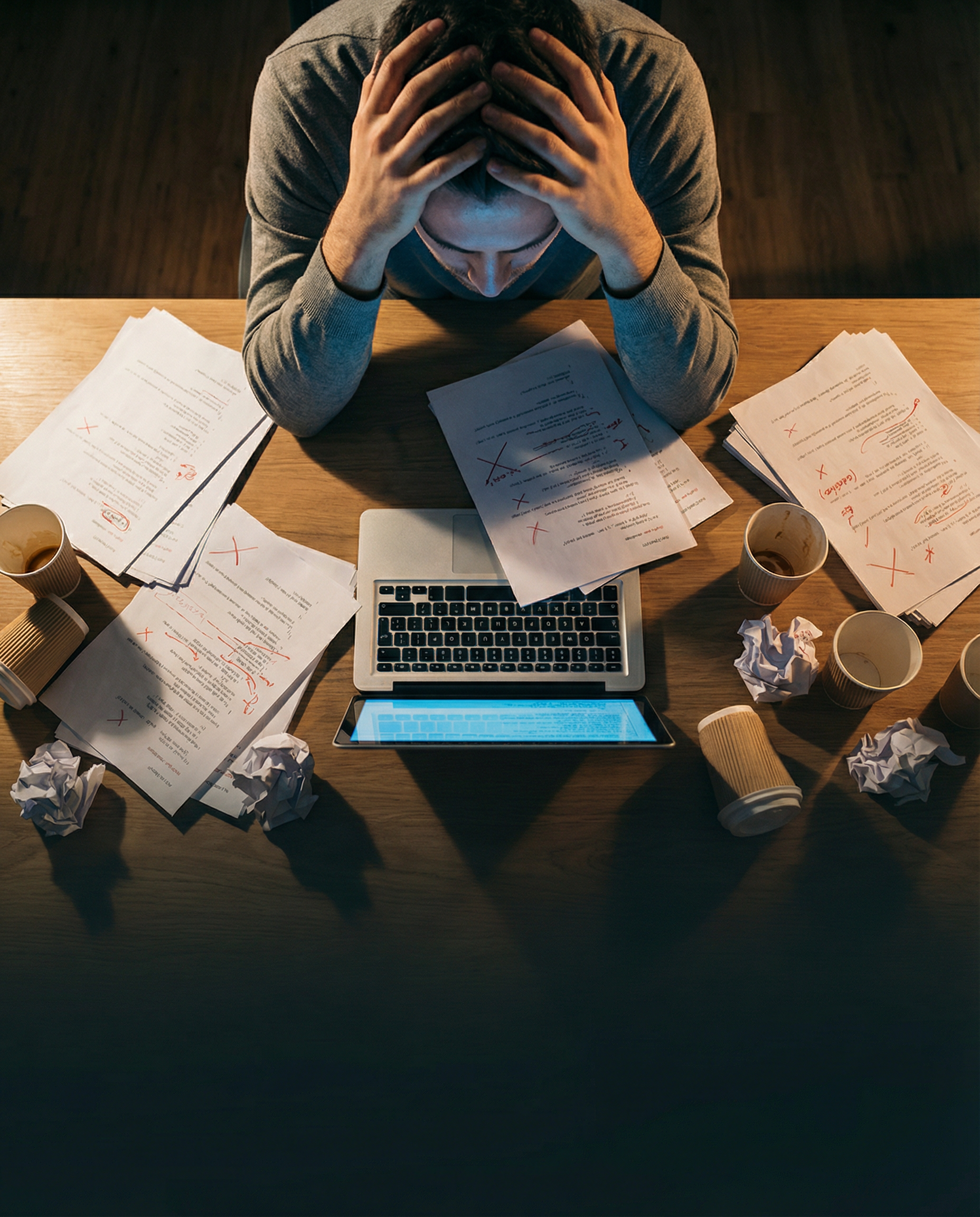 Photorealistic editorial photograph: overhead shot of a frustrated software developer at desk surrounded by printed code sheets with red annotations and crossed-out sections, hands gripping head in st