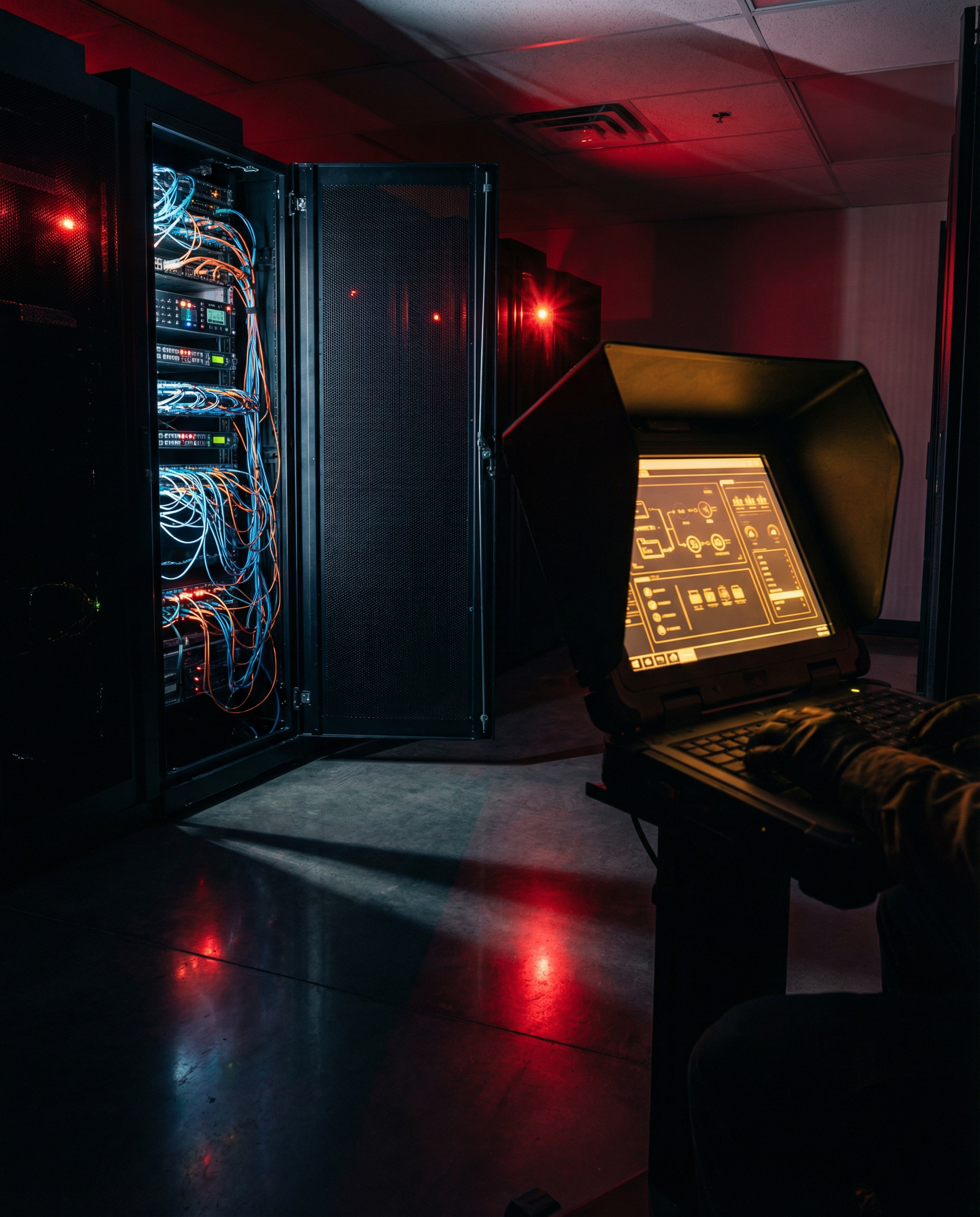 Photorealistic editorial photograph: dramatic low-angle shot of server room with ominous red warning lights reflecting off polished floor, open server rack door revealing exposed critical systems with