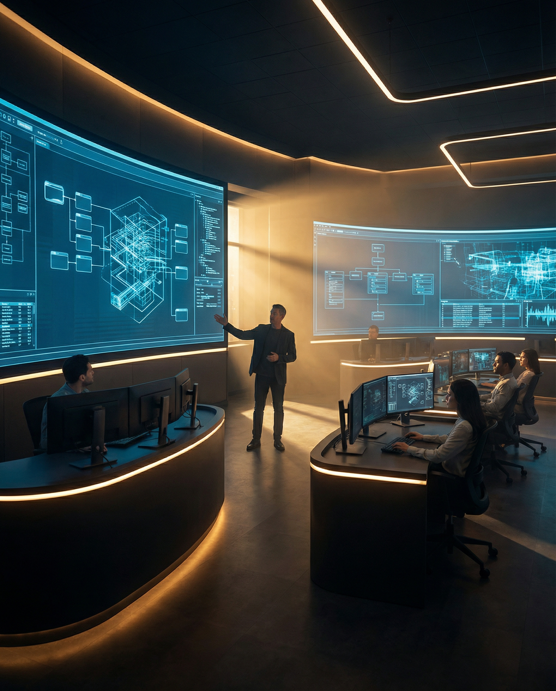 Photorealistic editorial photograph: wide shot of modern enterprise command center with massive digital specification document projected on curved wall screens, technical architect standing at center