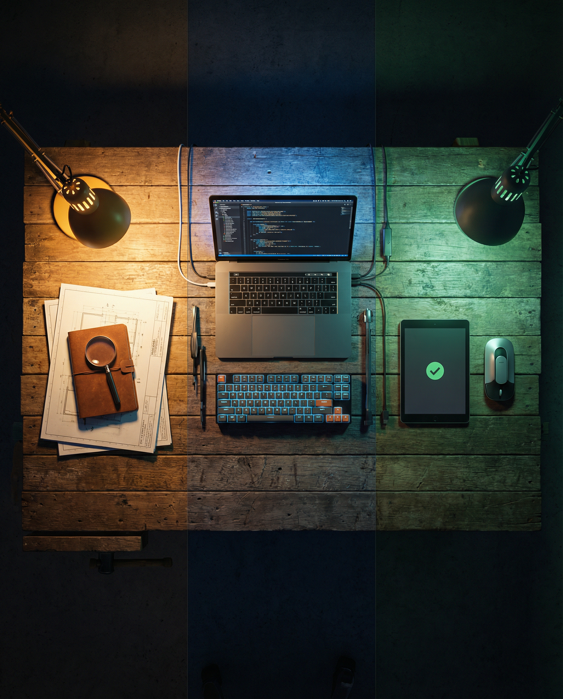 Photorealistic editorial photograph: overhead bird's-eye view of development workflow showing three distinct stages on industrial workspace table, first section has written specification documents ill