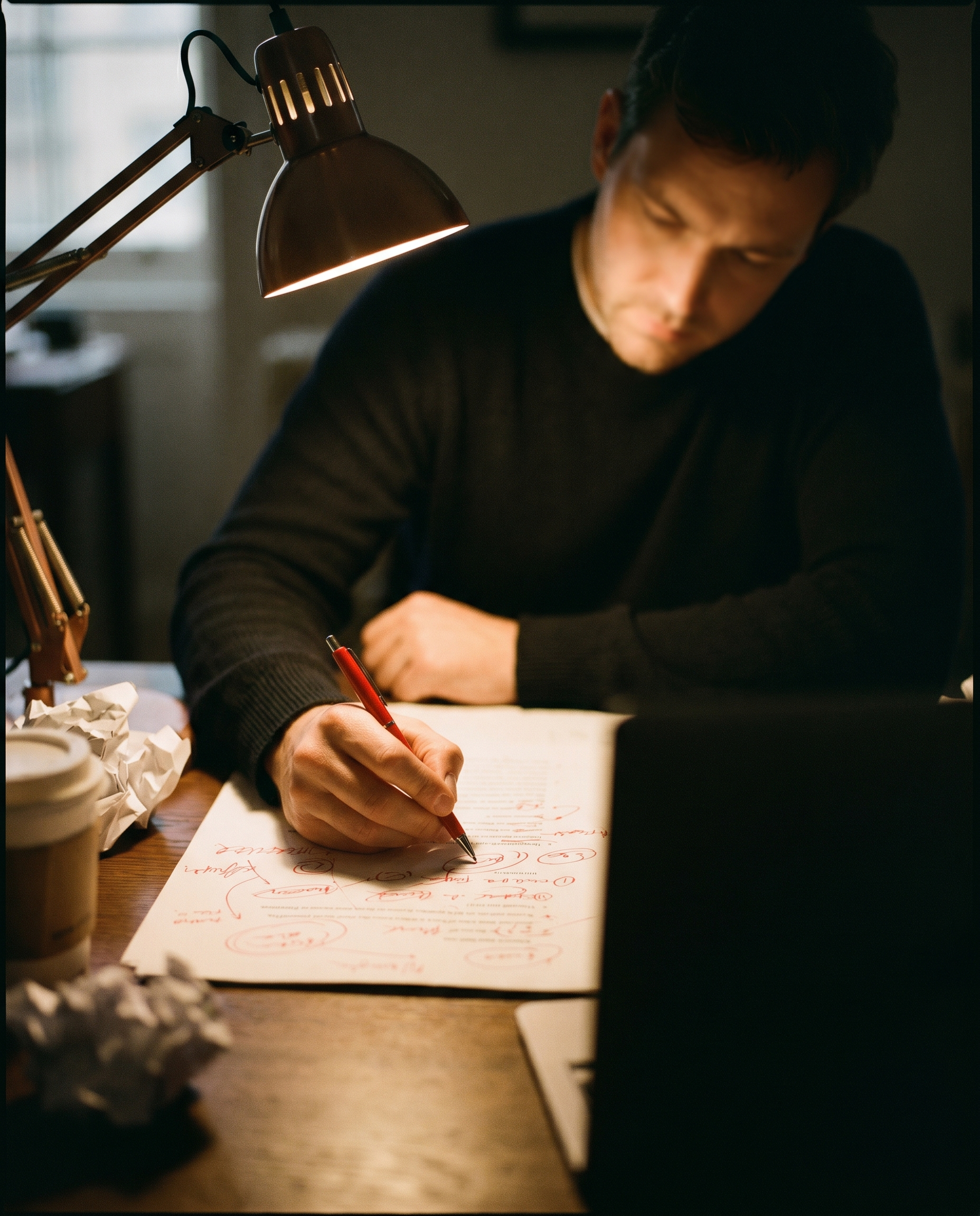 Photorealistic editorial photograph: tight over-shoulder shot of editor reviewing printed content page with red pen in hand, dramatic side lighting creating strong contrast on paper surface, visible e