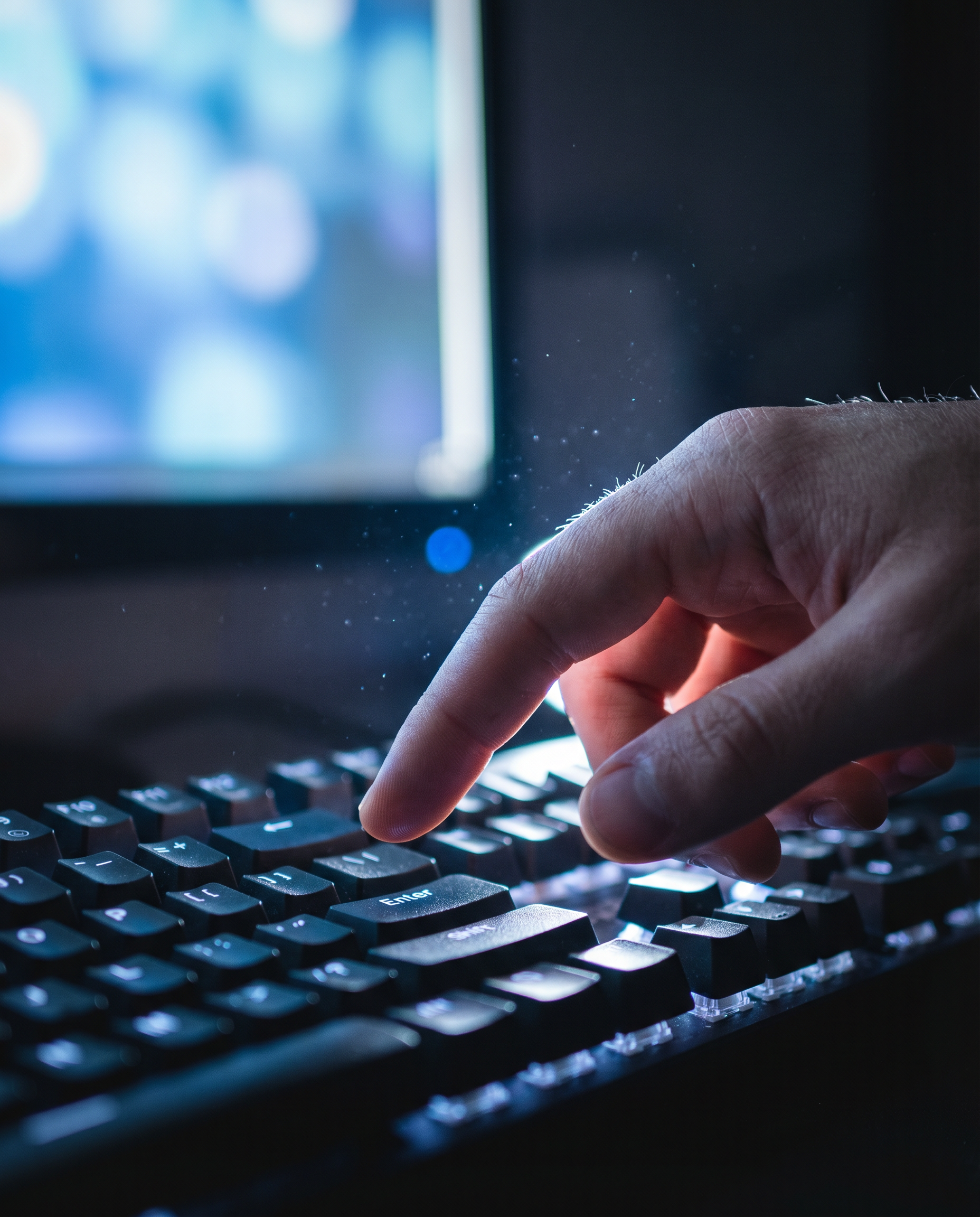 Photorealistic editorial photograph: extreme close-up macro shot of human hand hovering over keyboard with finger poised above enter key, dramatic rim lighting from monitor creating blue-white edge gl