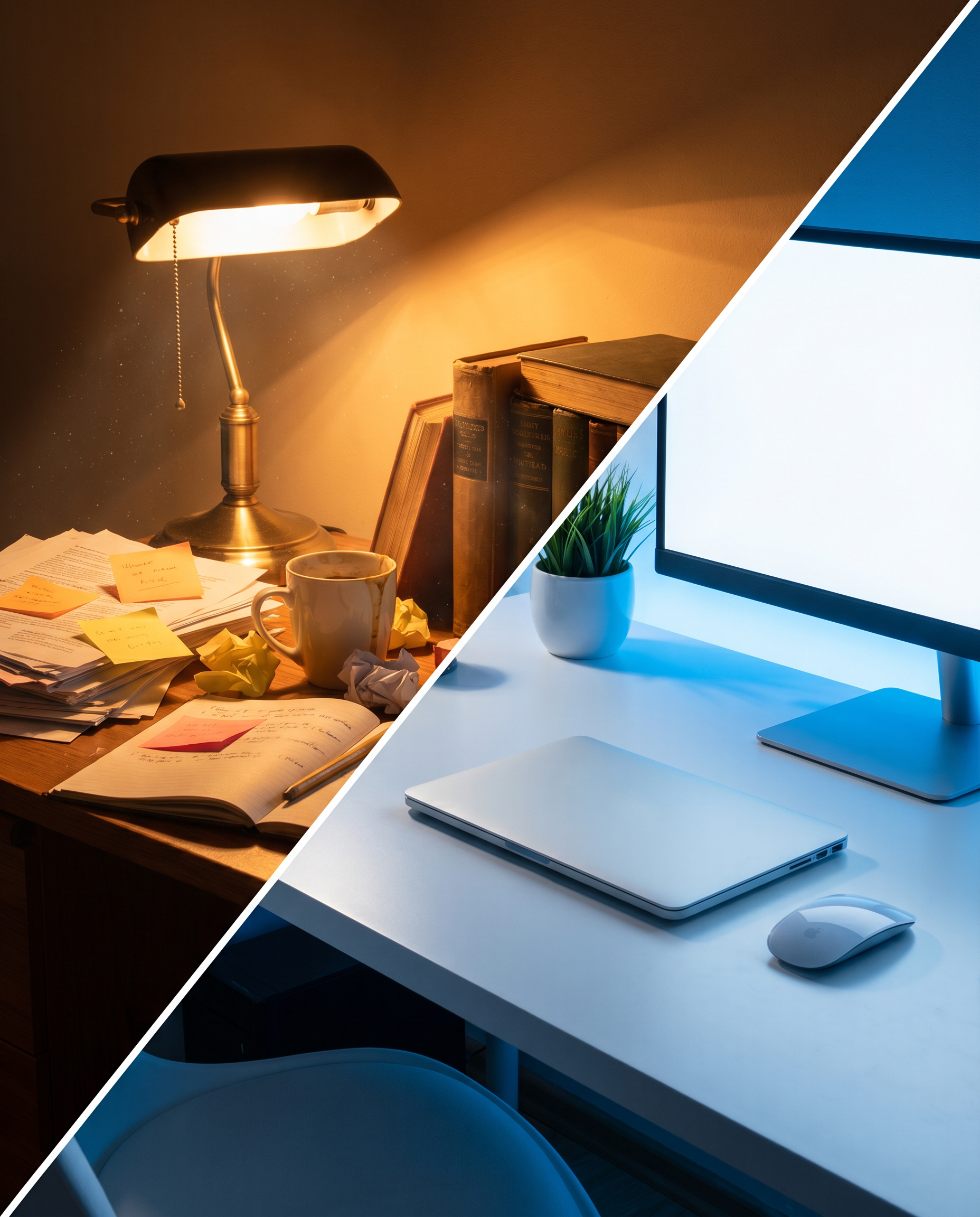 Photorealistic editorial photograph: split-screen workspace showing contrast between chaos and order, left side cluttered with sticky notes and papers in warm tungsten lighting, right side minimalist