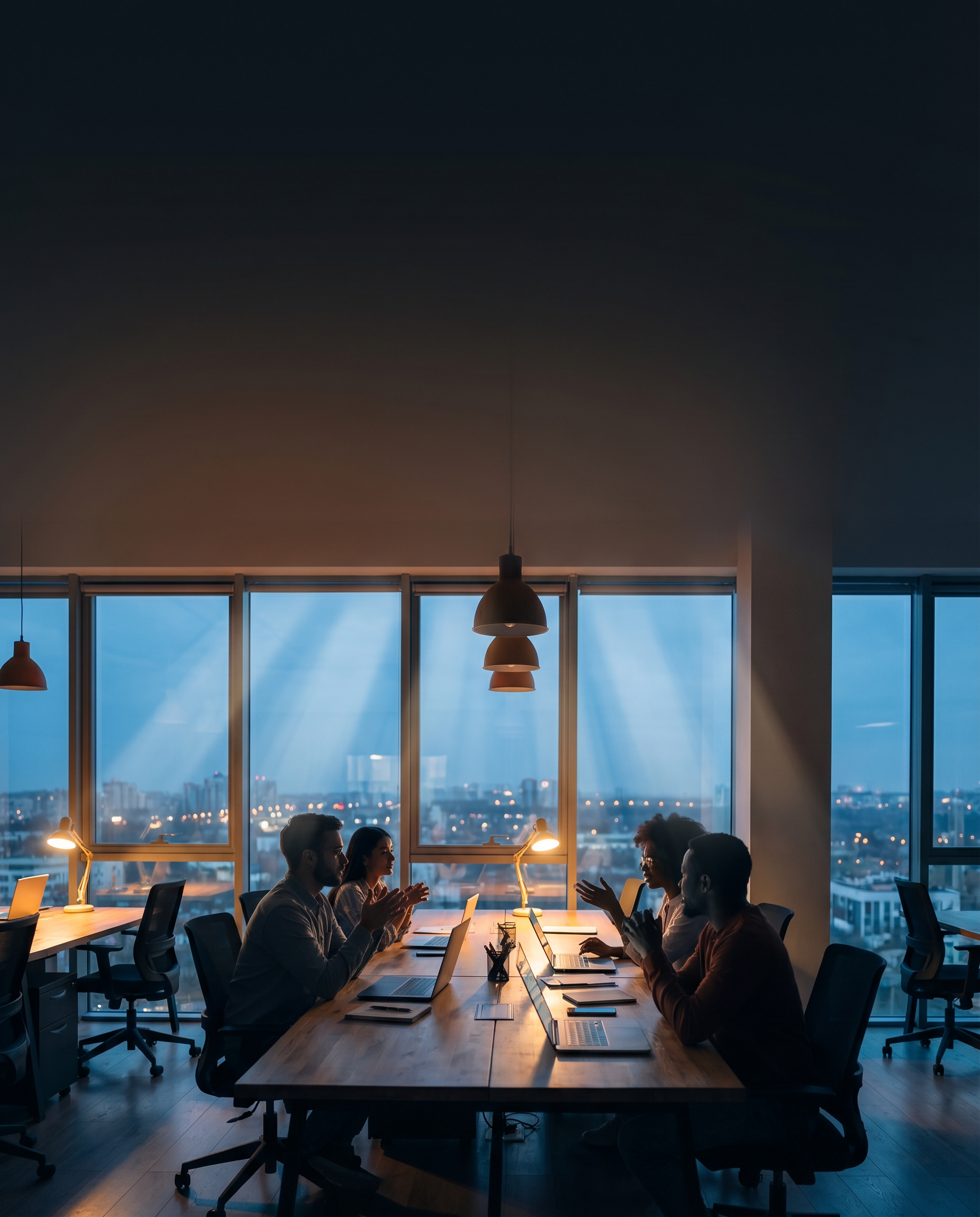 Photorealistic editorial photograph: wide establishing shot of modern workspace at dusk, content team collaborating around large table with laptops open, dramatic backlit silhouettes against floor-to-