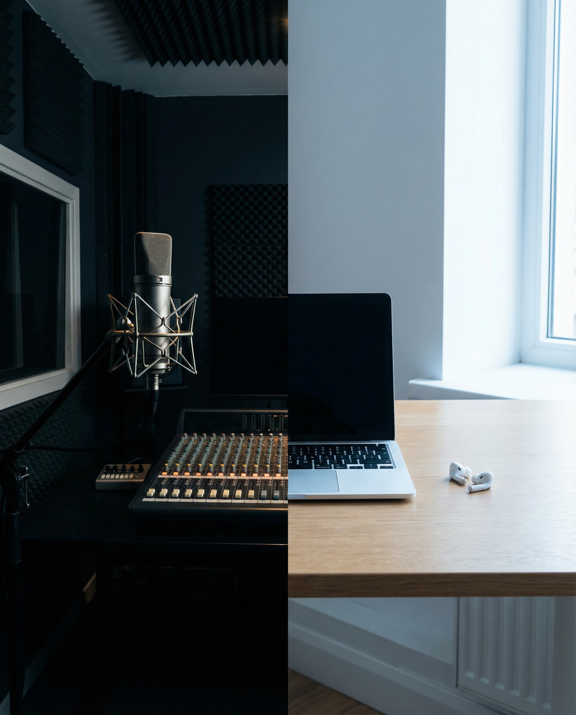 Photorealistic editorial photograph: dramatic split composition showing traditional podcast studio on left half with expensive condenser microphone, mixing board, and soundproofing, contrasted with ri