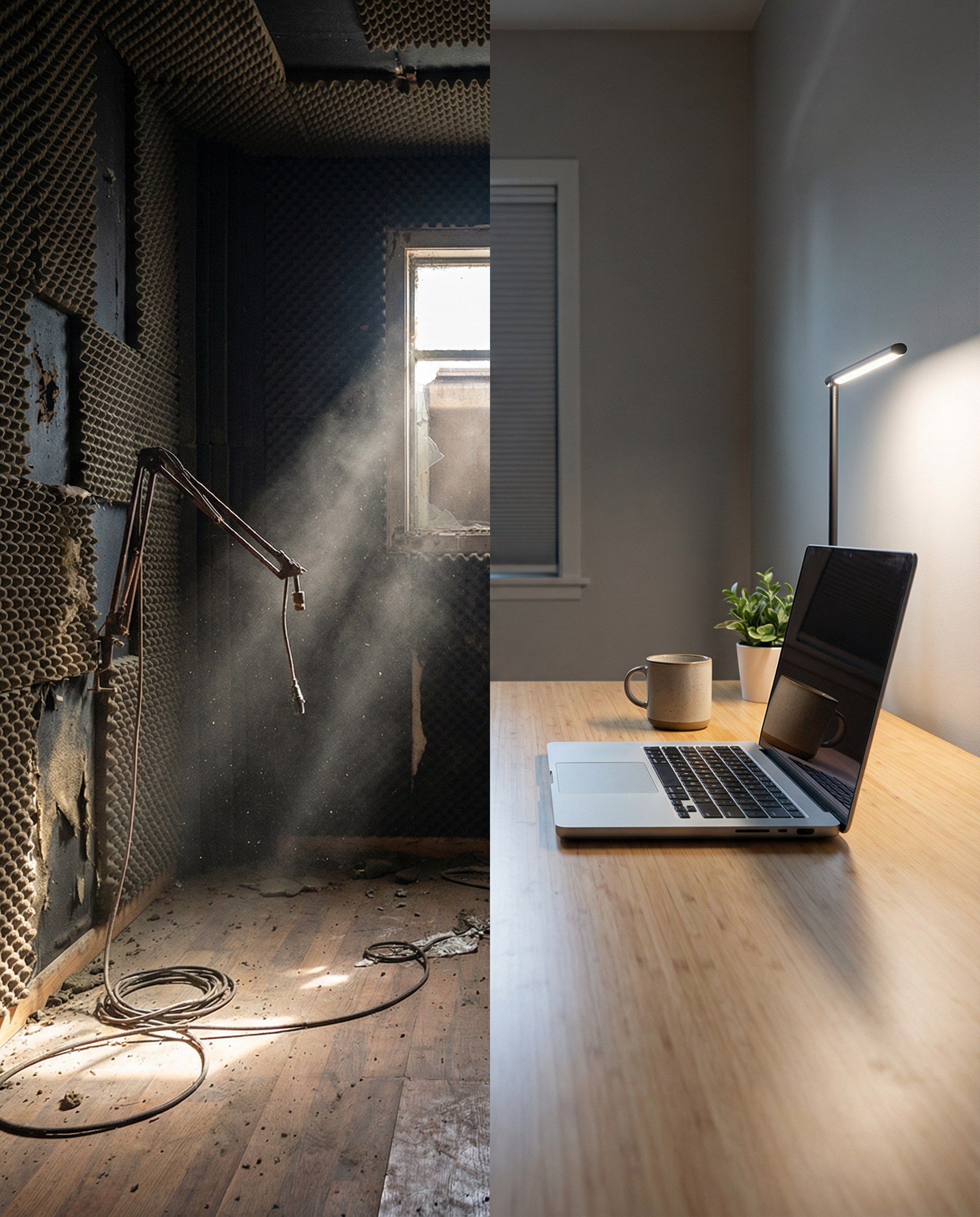 Photorealistic editorial photograph: split composition showing abandoned professional recording studio booth on left with foam panels and boom arm, contrasted with minimalist home desk setup on right