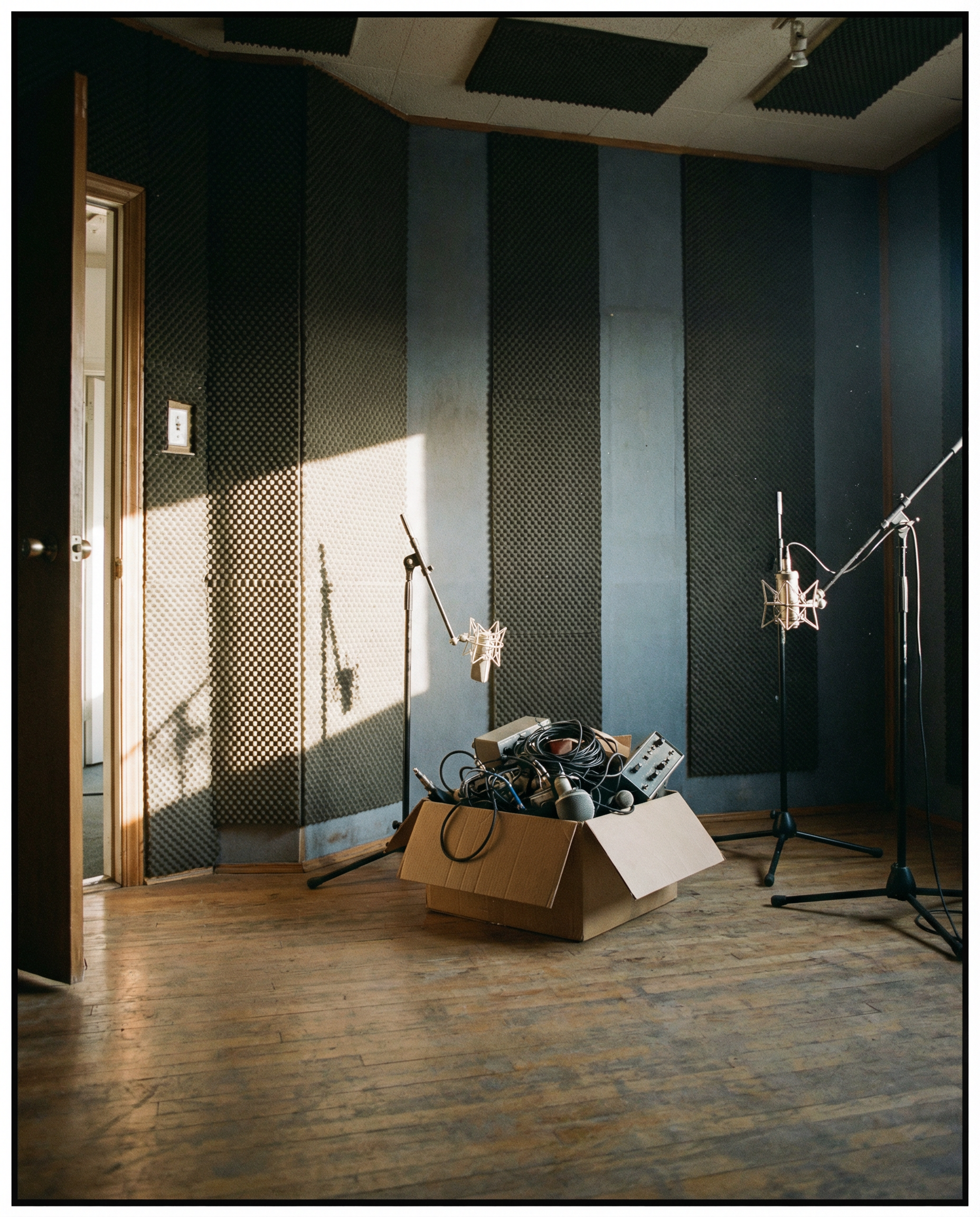 Photorealistic editorial photograph: wide establishing shot of empty professional recording studio with padded walls and boom arms, single cardboard box on floor filled with old audio equipment ready