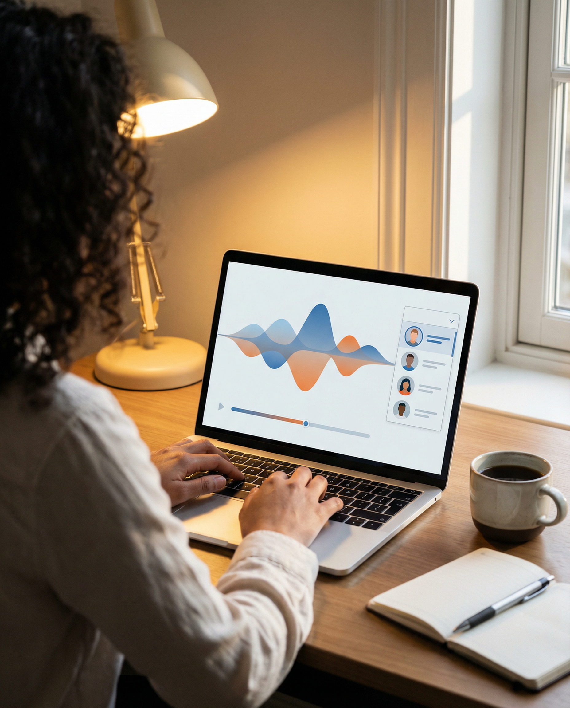 Photorealistic editorial photograph: over-the-shoulder view of content marketer at laptop, screen displays AI podcast generation interface with waveform visualization and voice selection dropdown menu
