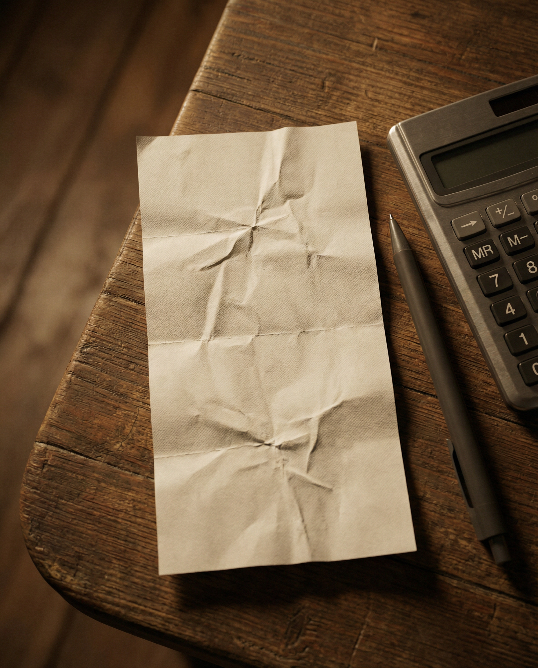 Photorealistic editorial photograph: macro close-up of crumpled invoice or receipt on wooden desk surface, dramatic overhead lighting creates harsh shadows, visible line items suggest production costs