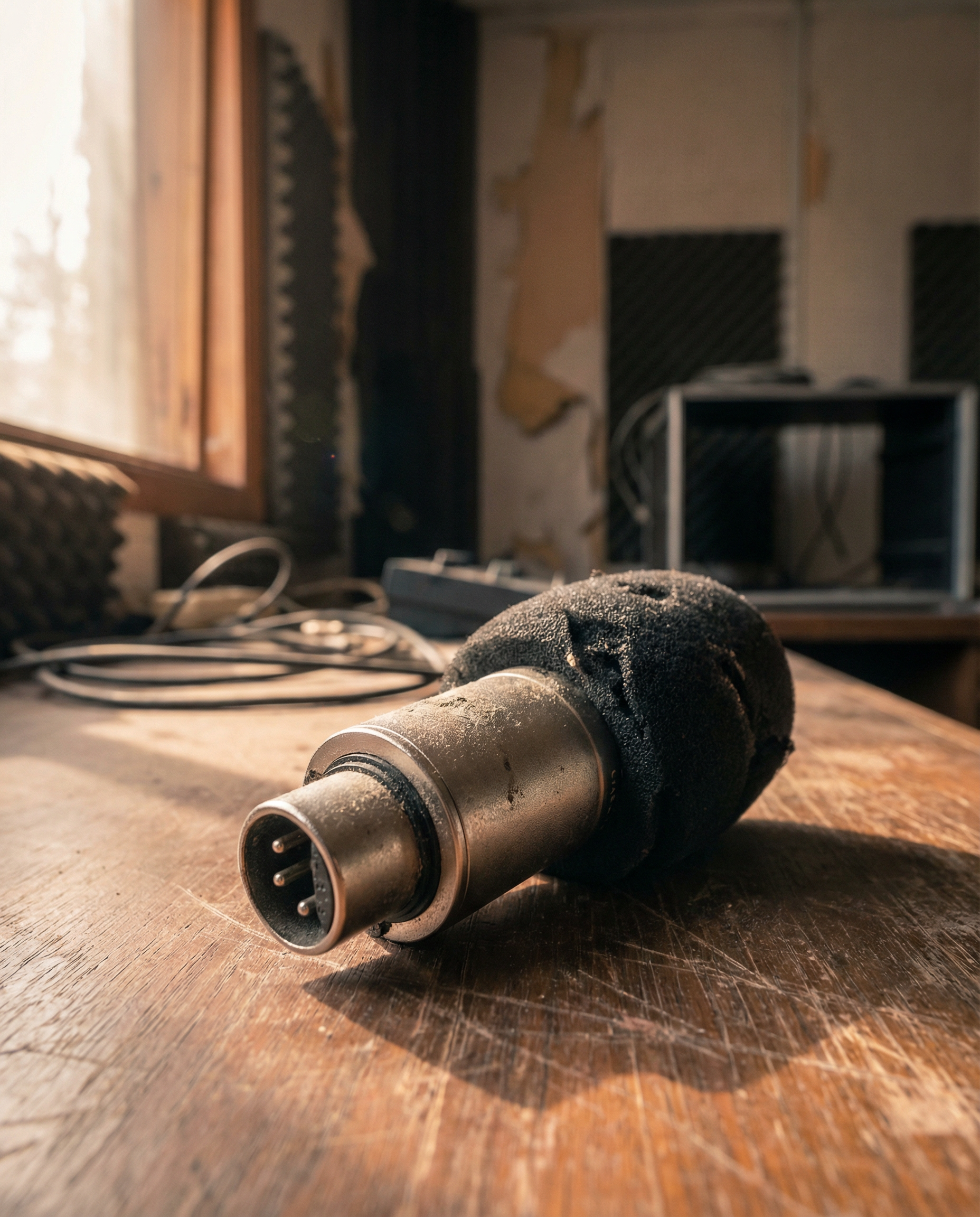 Photorealistic editorial photograph: extreme close-up macro shot of professional XLR microphone and foam windscreen collecting dust on wooden desk, soft afternoon window light creating long shadows, b