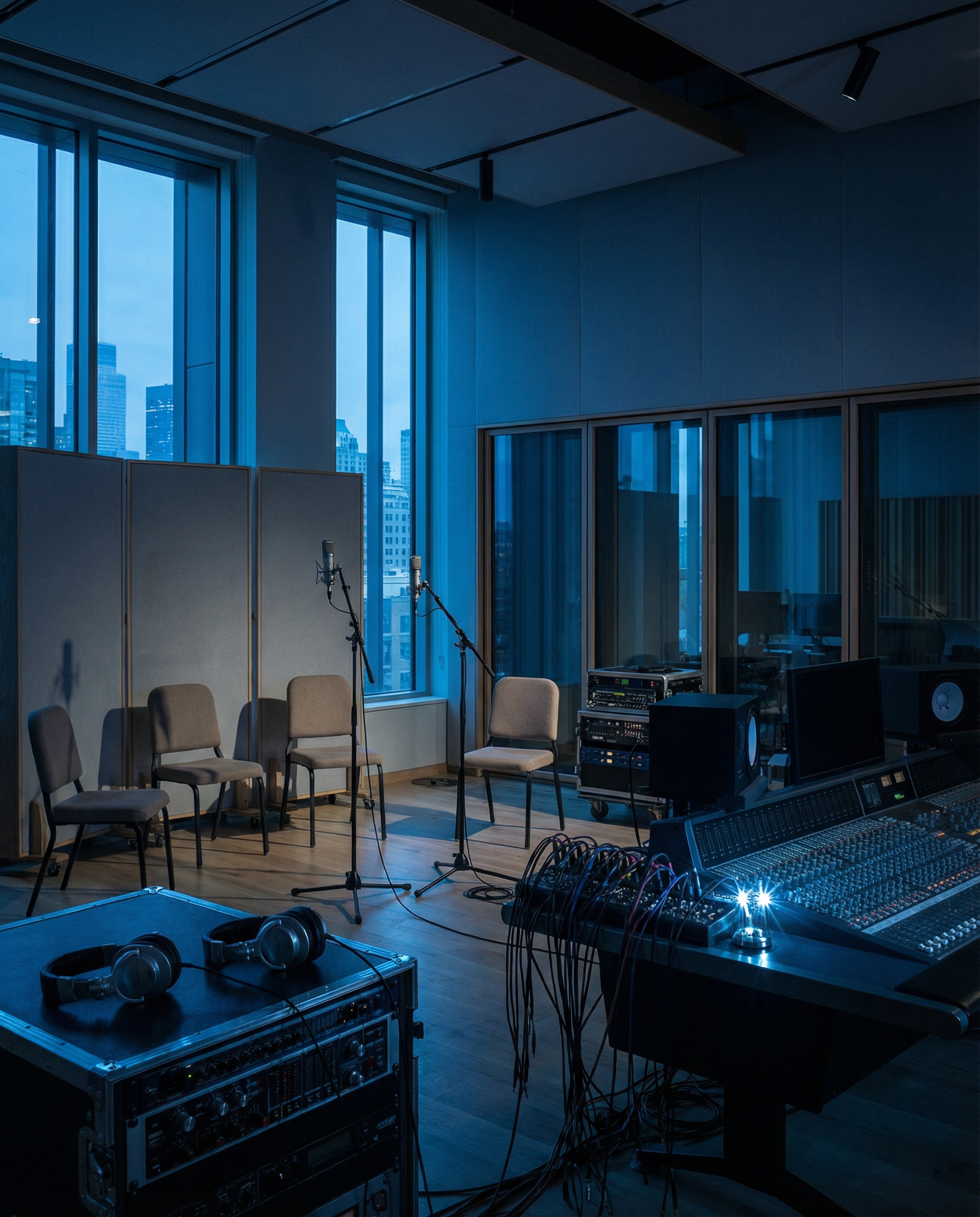 Photorealistic editorial photograph: wide shot of empty modern recording studio with professional equipment sitting idle, chairs positioned for interview setup but no people present, cool blue twiligh