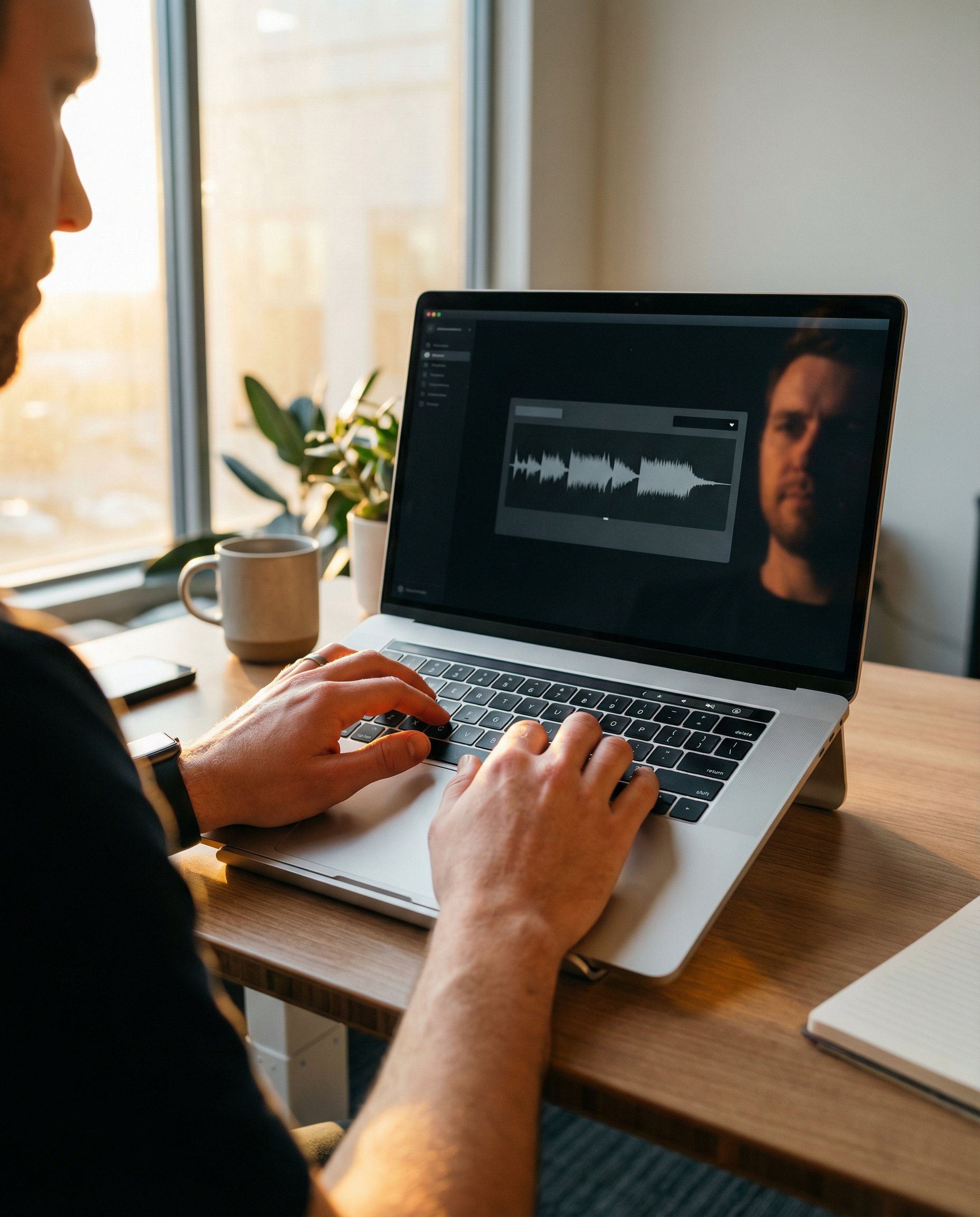 Photorealistic editorial photograph: over-the-shoulder shot of content marketer's hands typing script into laptop at standing desk, screen shows AI podcast platform interface with waveform visualizati