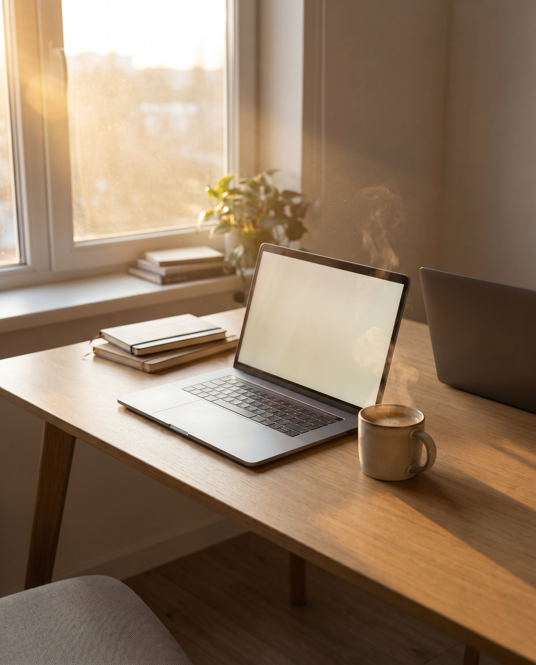 Photorealistic editorial photograph: wide aftermath shot of a clean minimal desk with one laptop remaining open, second laptop closed and pushed aside, single ceramic coffee cup steaming beside the ch