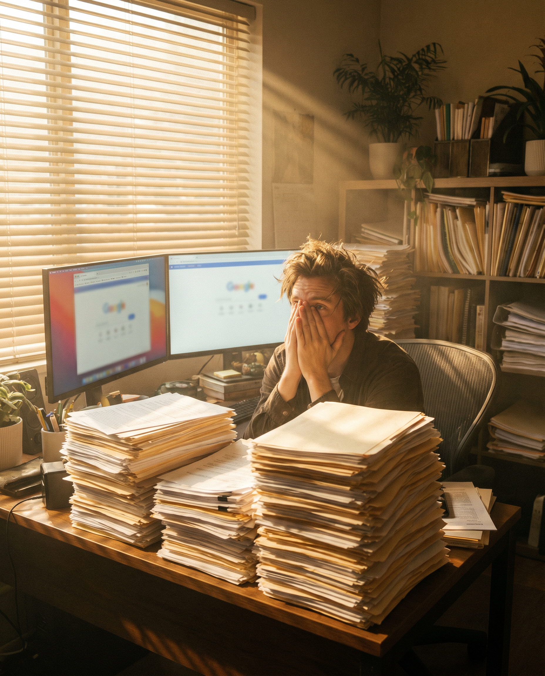 Photorealistic editorial photograph: wide establishing shot of a content marketer surrounded by towering stacks of printed documents and open browser tabs on dual monitors, volumetric morning light cu