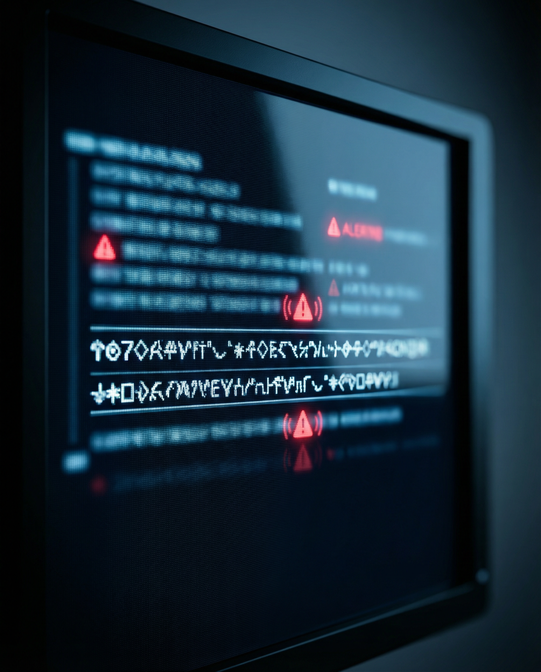 Photorealistic editorial photograph: extreme close-up macro shot of computer screen showing AI interface with red warning indicators flagging inconsistent phrases in draft text, shallow depth of field