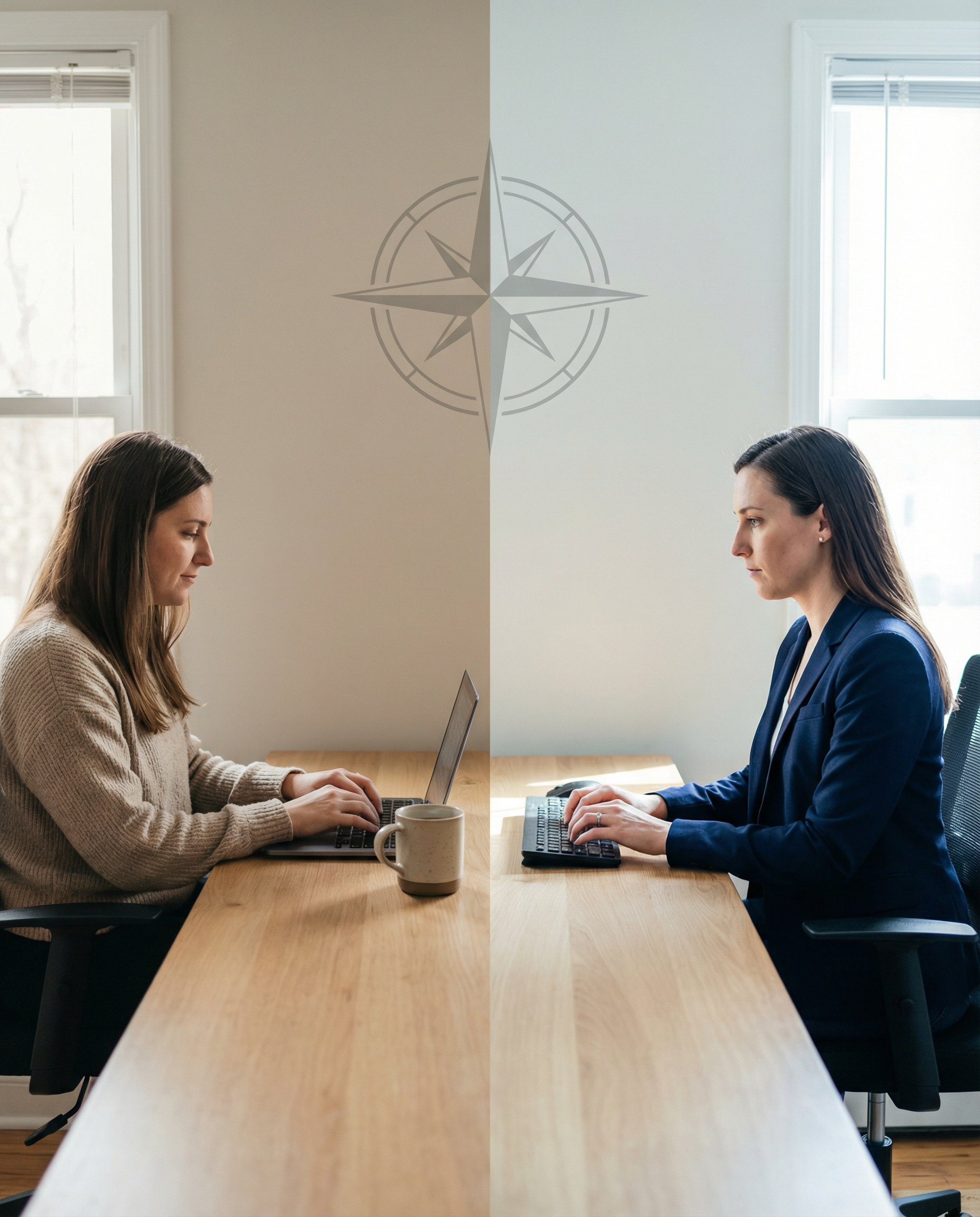 Photorealistic editorial photograph: split-screen moment captured as two writers sit back-to-back at same desk, left writer typing casually with coffee mug and relaxed posture, right writer in formal