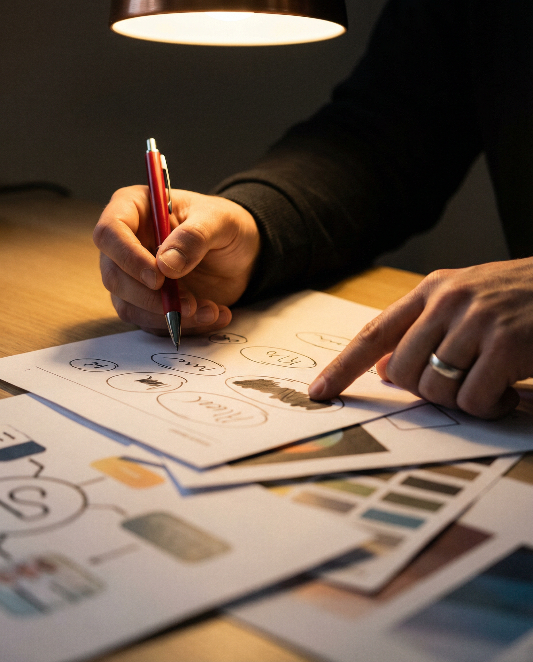 Photorealistic close-up editorial photograph: human hand holding red pen hovering over printed document with multiple circled phrases showing tone inconsistencies, another hand pointing to specific wo