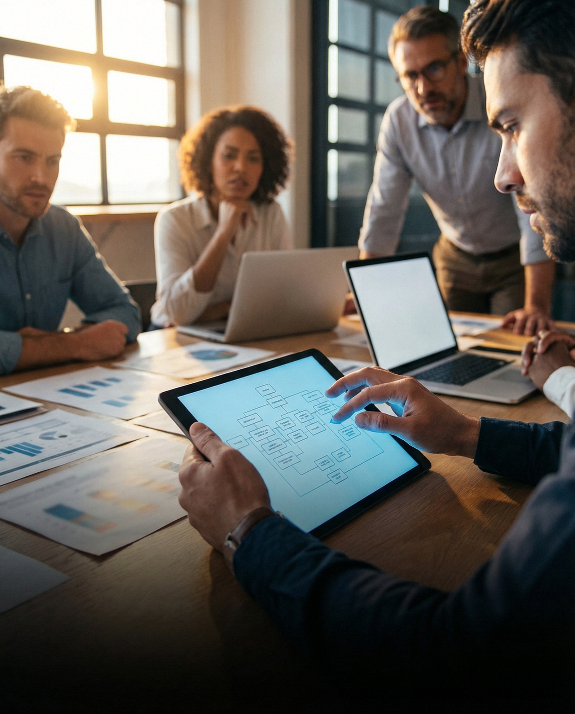 Photorealistic editorial photograph: tense corporate workspace scene showing marketing team members at a modern conference table surrounded by scattered printouts and laptops, central figure breaking