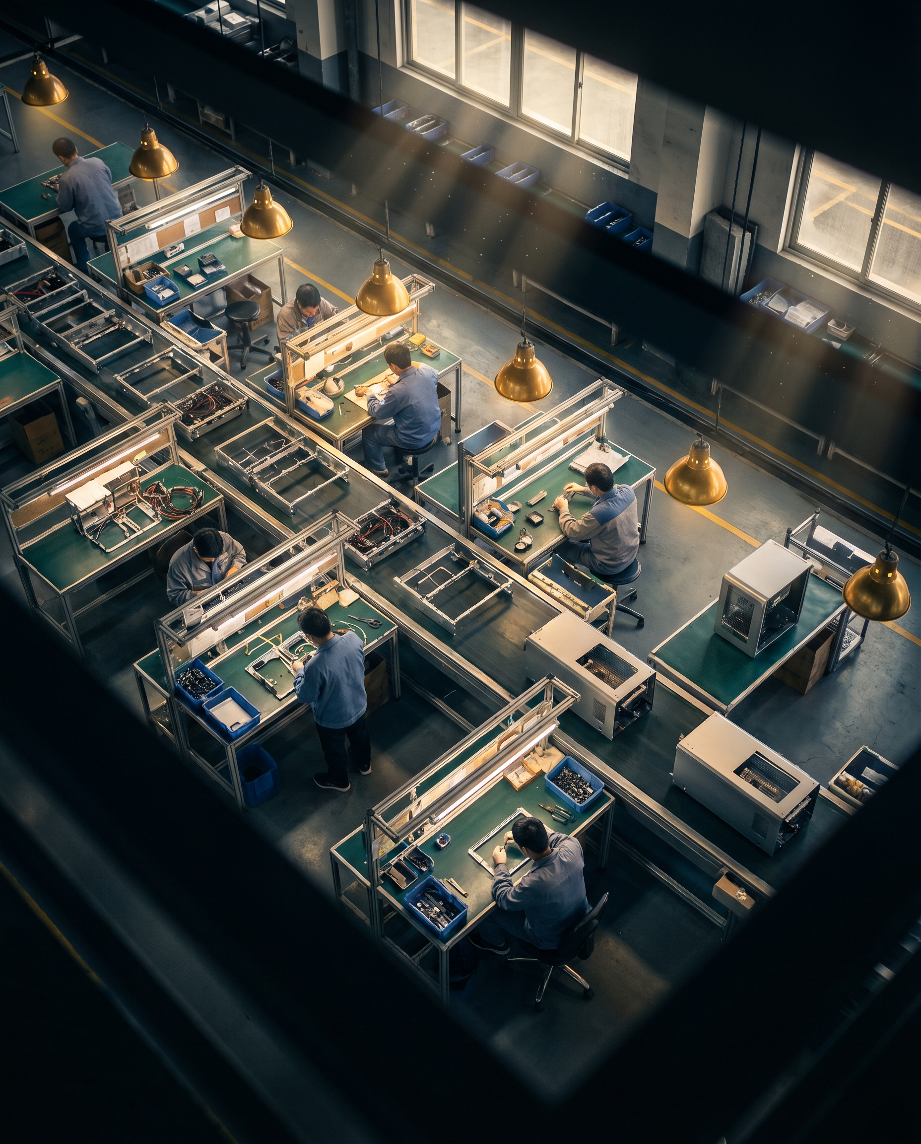 Photorealistic editorial photograph: dramatic overhead aerial shot of an organized factory floor assembly line with workers at distinct stations each performing specialized tasks in perfect sequence,