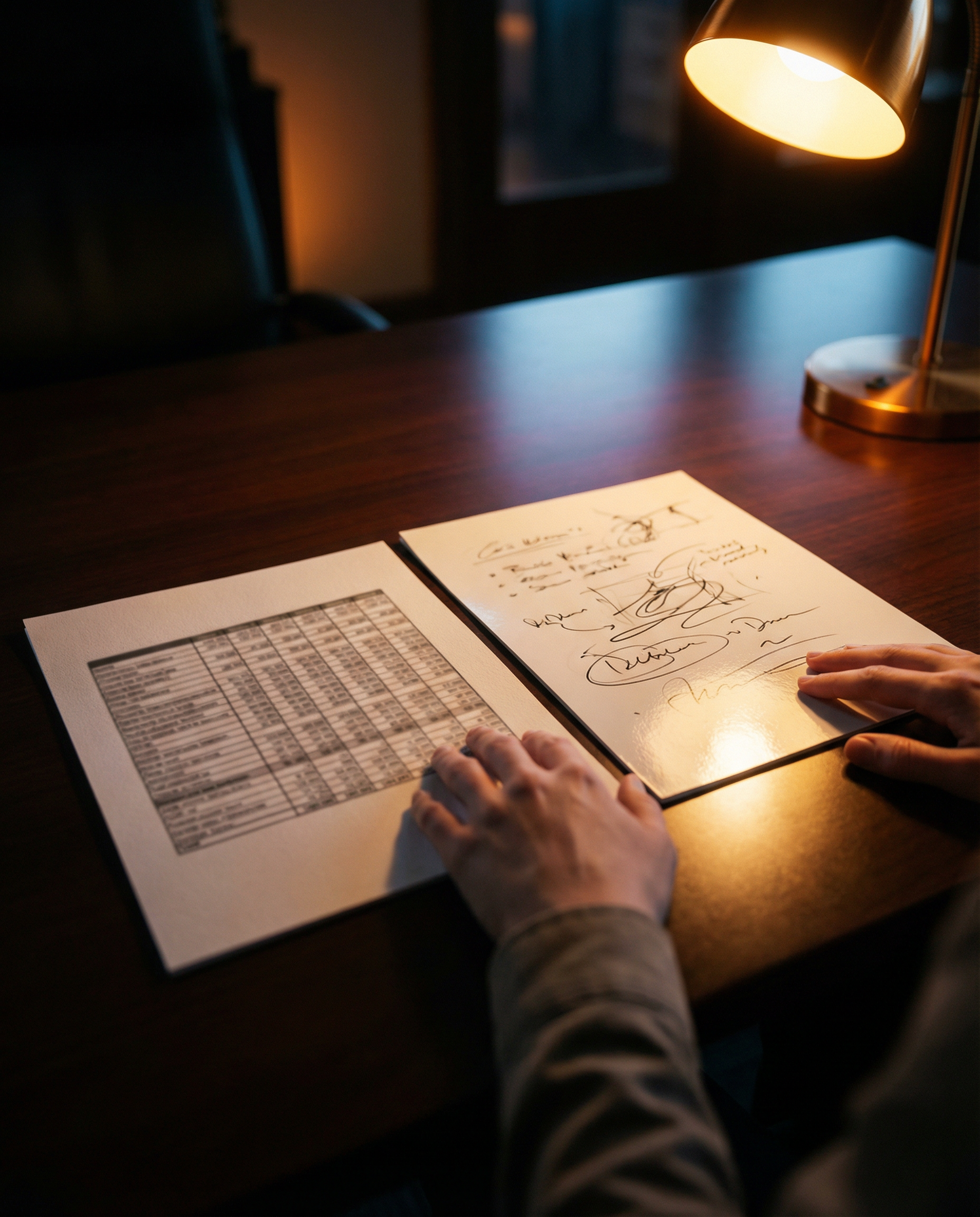 Photorealistic editorial photograph: close-up of two documents side by side on executive desk, left document shows dense structured spreadsheet with visible grid patterns and data cells, right documen