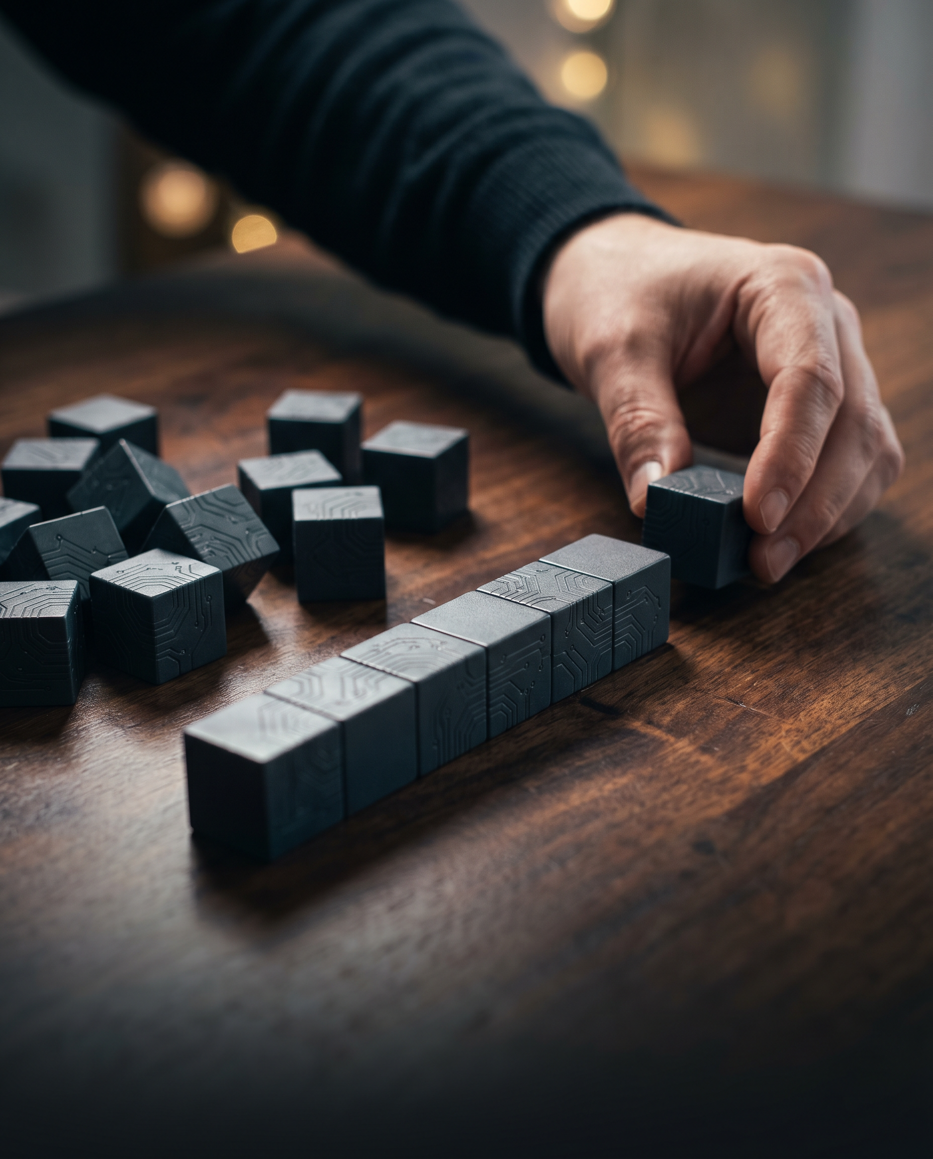 Photorealistic editorial close-up: hands arranging modular building blocks on a sleek dark table, each block represents a different data processing stage with subtle circuit patterns visible on surfac