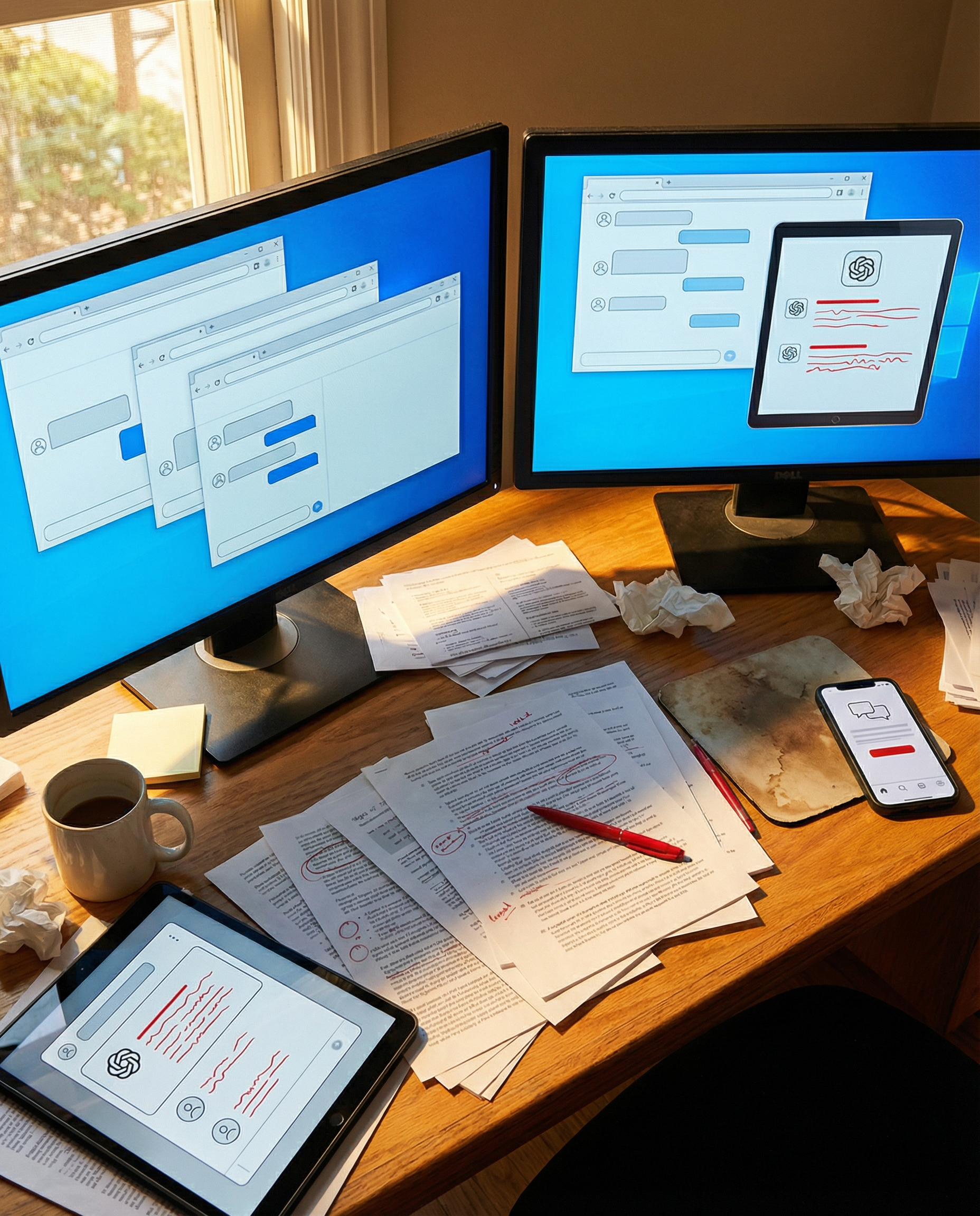 Photorealistic editorial photograph: dramatic overhead shot of overwhelmed digital marketer's workspace at golden hour, multiple browser windows open showing AI chat interfaces with noticeably shorter