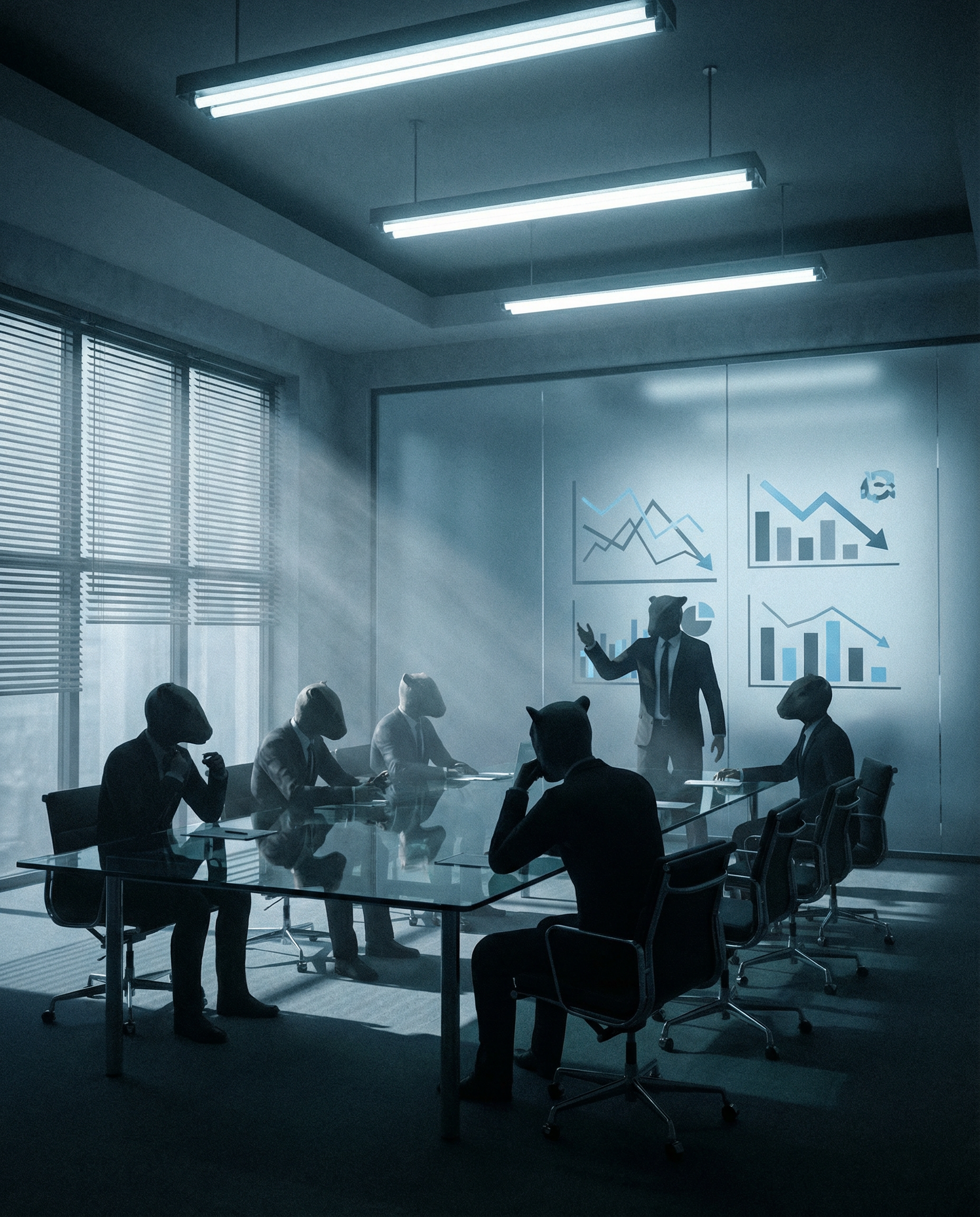 Photorealistic editorial photograph: tense corporate boardroom scene with anthropomorphic concept, silhouetted executives around glass conference table under cold fluorescent lighting, projected wall