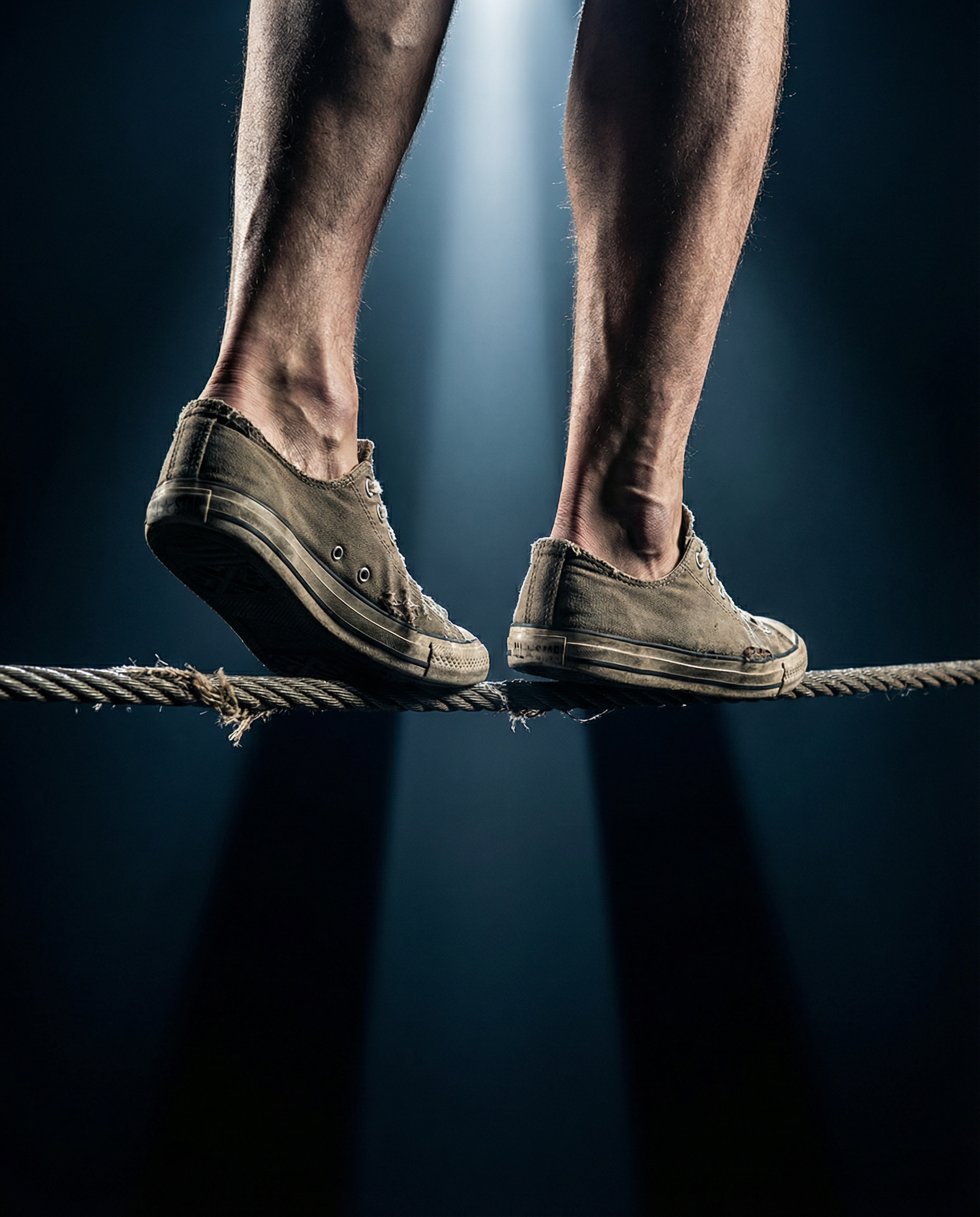 Photorealistic editorial photograph: close-up detail shot of tightrope walker's feet balanced on thin wire against dark void background, dramatic spotlight from above creating harsh shadows below, con