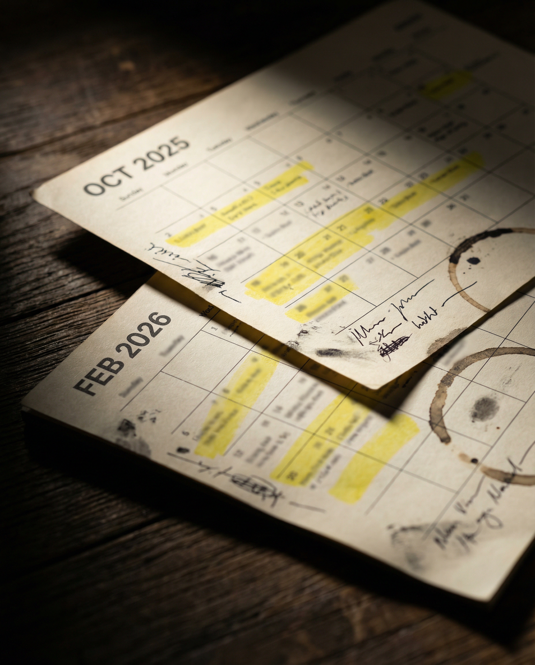 Photorealistic editorial photograph: extreme close-up macro shot of calendar pages October 2025 and February 2026 overlapping on dark wooden desk, yellow highlighter marks on identical printed questio