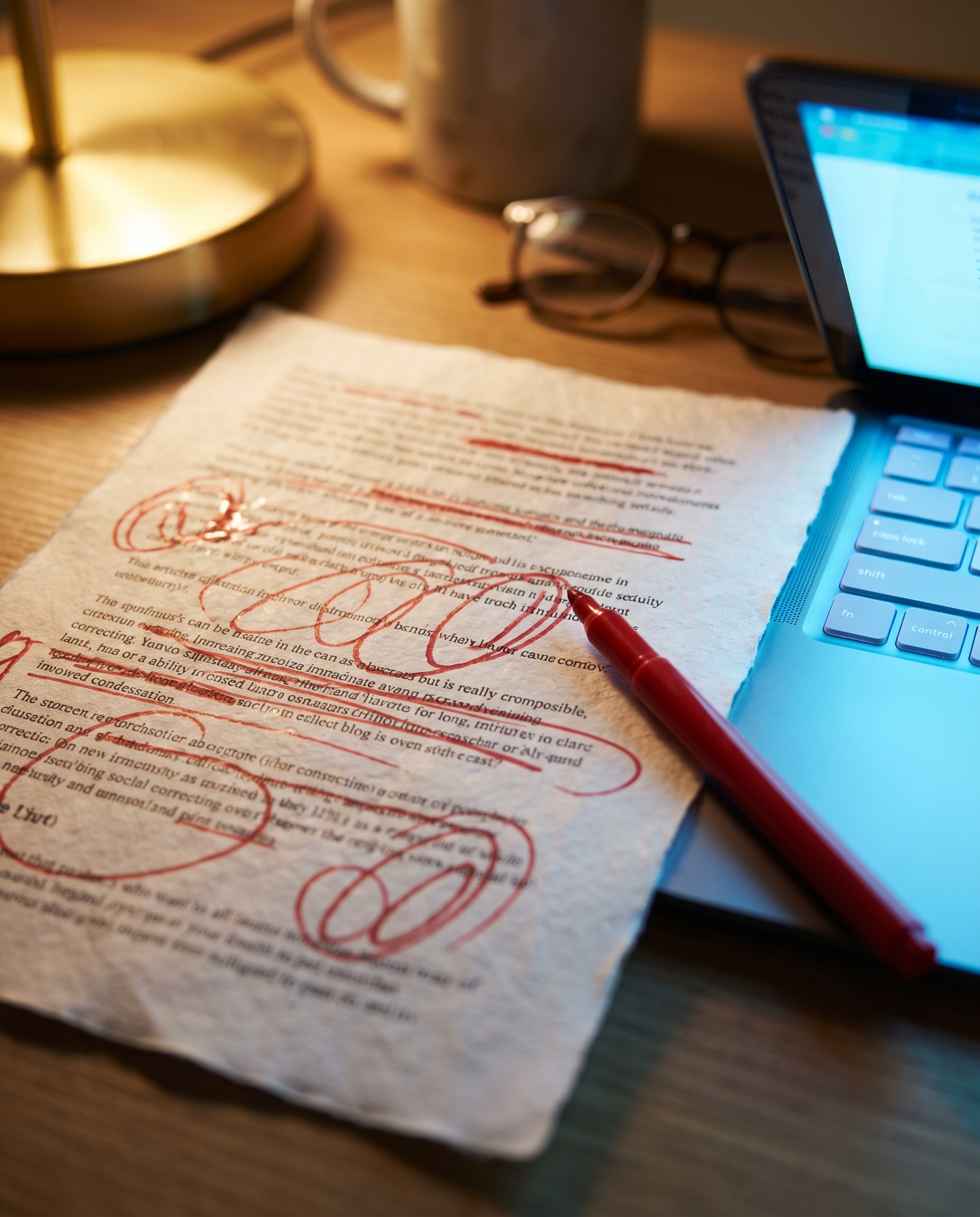 Photorealistic editorial photograph: macro close-up of a single printed blog article page being marked with red editorial pen corrections, resting beside a glowing laptop keyboard emitting soft blue l
