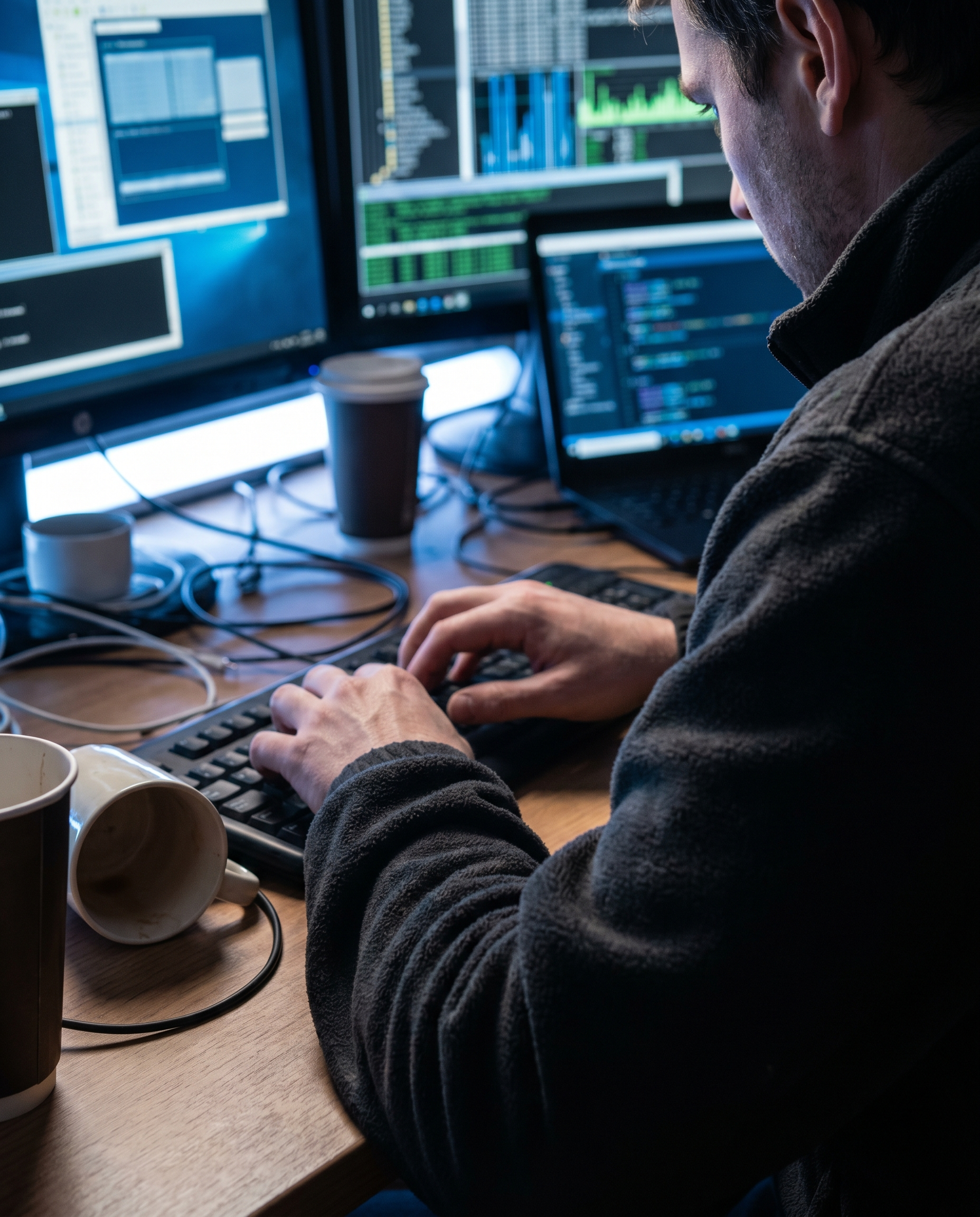 Photorealistic editorial photograph: tense over-the-shoulder close-up of a marketing professional at a cluttered desk surrounded by three open laptops showing ChatGPT, HubSpot and Jasper interfaces si