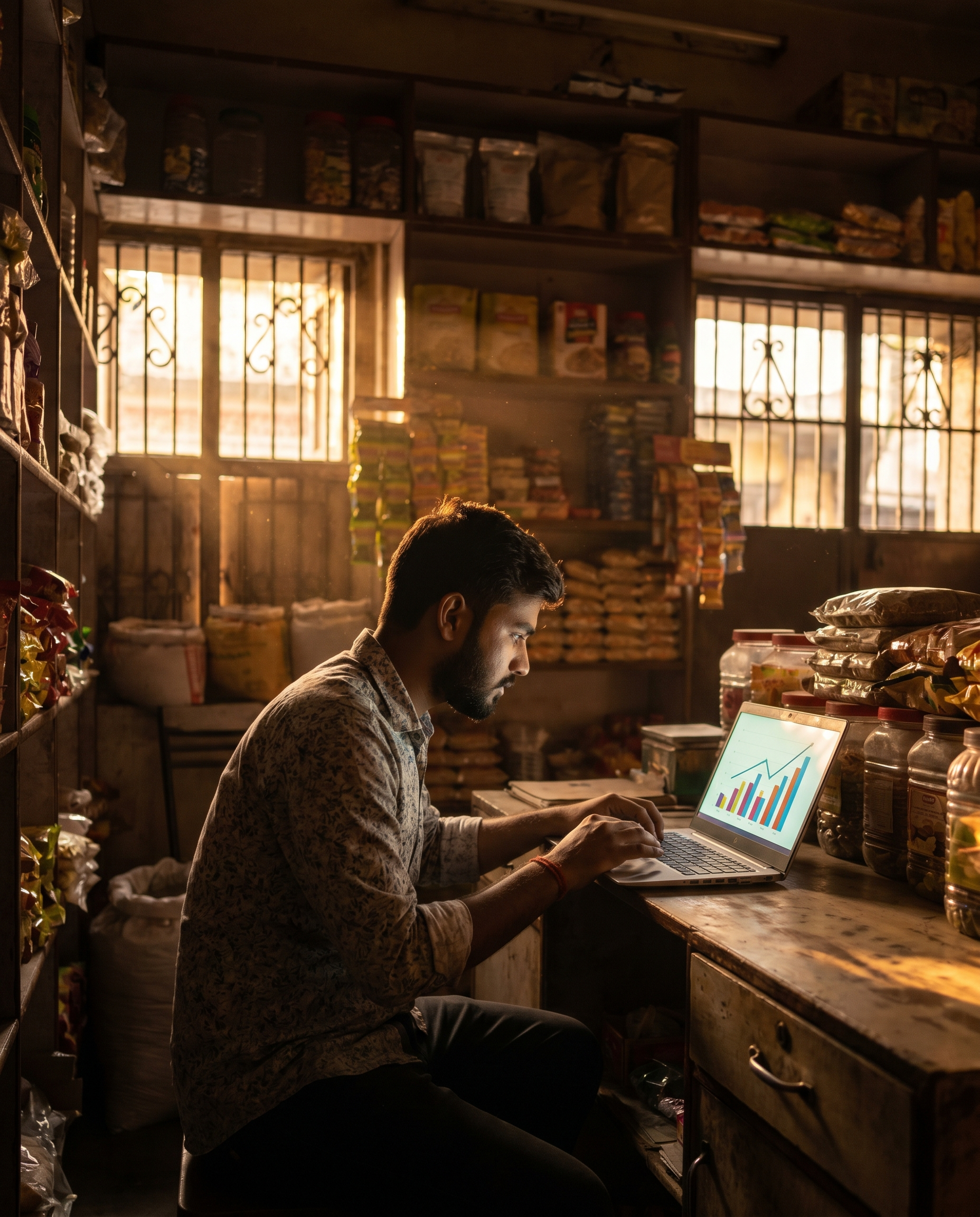 Photorealistic editorial photograph: wide establishing shot of a modest Indian small-business shop interior at dusk, golden hour light streaming through iron-barred windows, a young shopkeeper staring