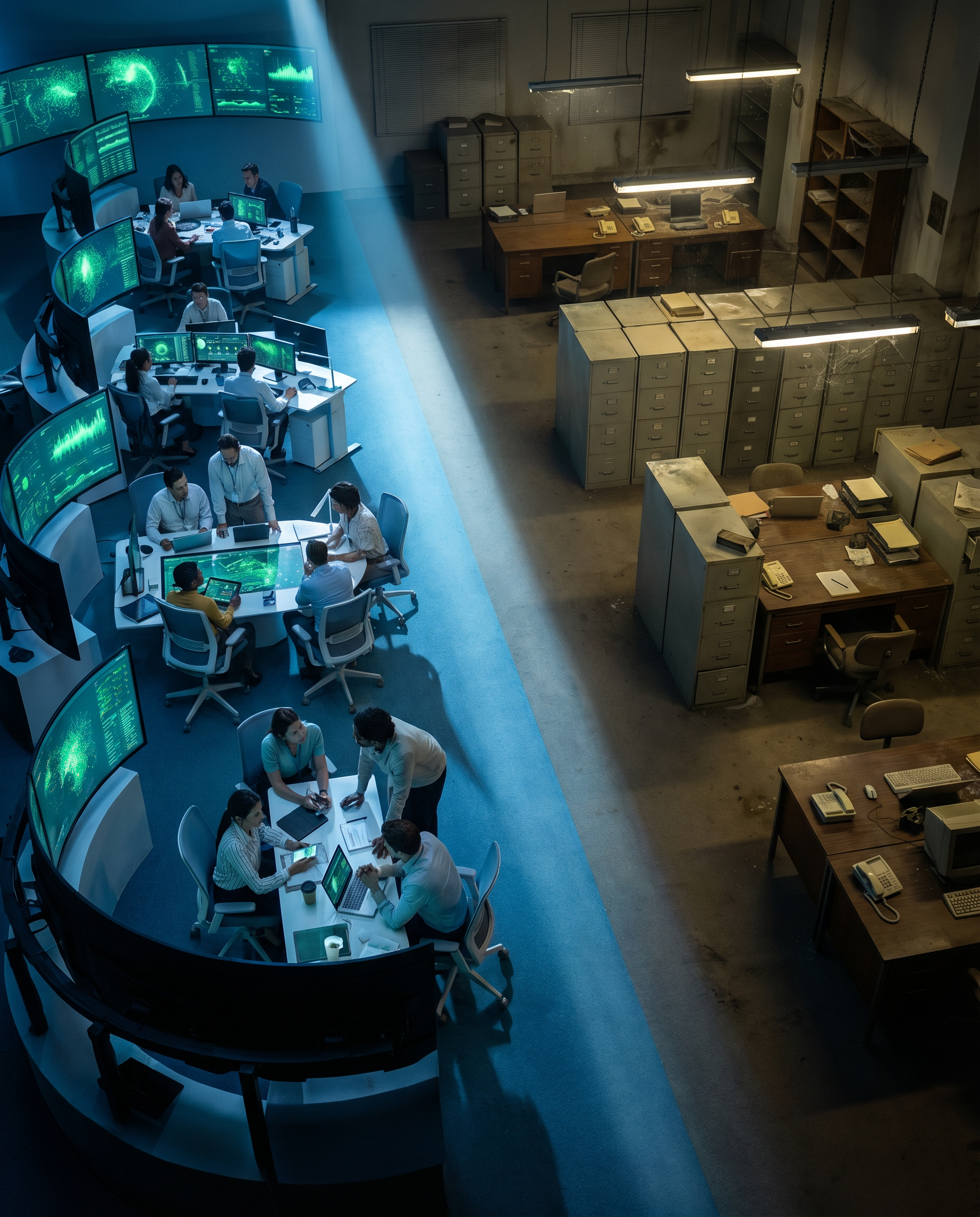 Photorealistic editorial photograph: dramatic split-scene wide shot, left half showing a competitor's bustling modern office with AI dashboard screens glowing green in cool blue light, right half show