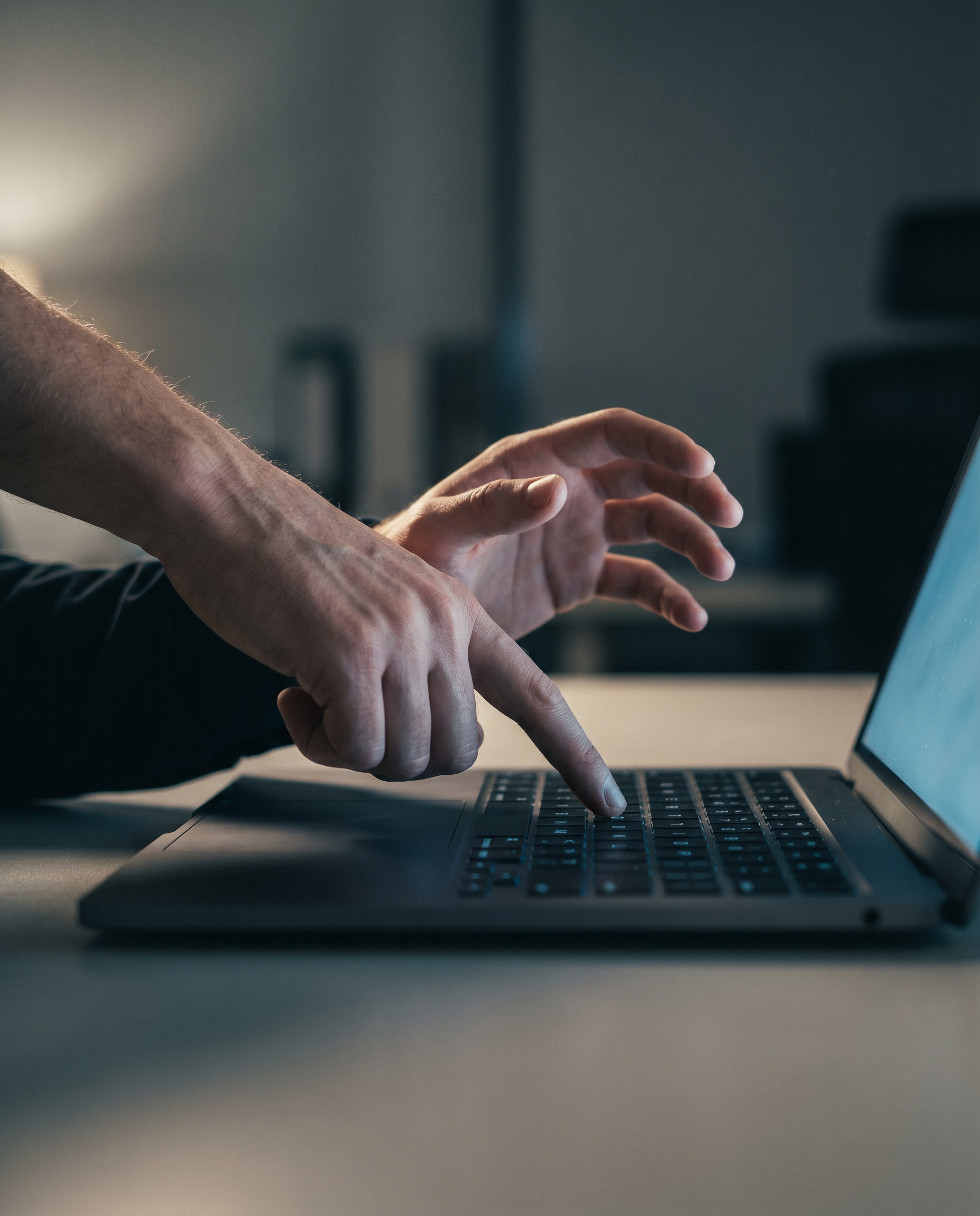 Photorealistic editorial photograph: tense close-up of two hands hovering over a laptop keyboard, one hand reaching to press a key while the other hand hesitates and pulls back slightly, screen glow i
