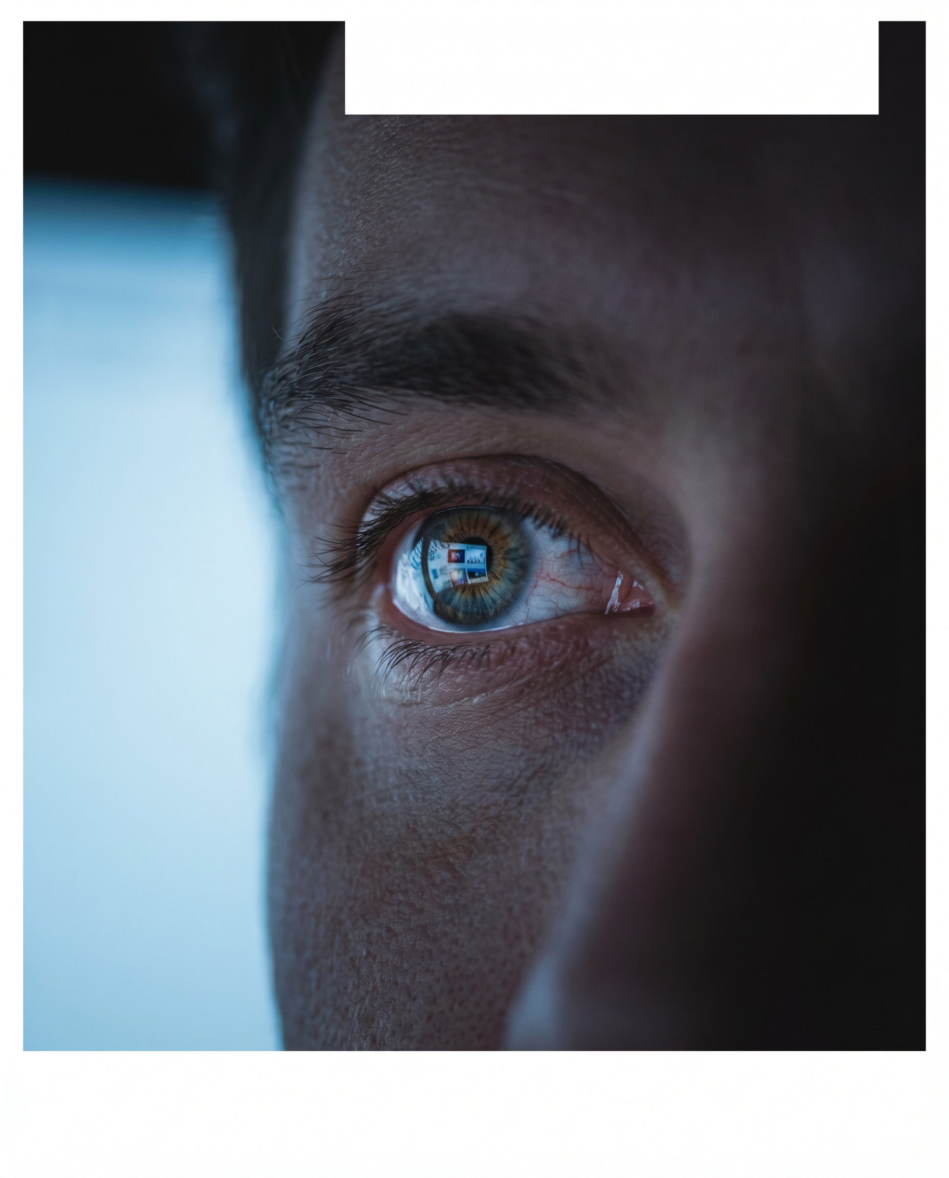 Photorealistic editorial photograph: extreme close-up of a laptop screen reflection in someone's eye, the eye shows fatigue with visible red veins, soft blue screen glow illuminating half the face in