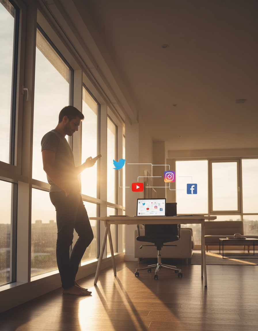 Photorealistic editorial photograph: wide shot of a person standing at a bright window looking at their phone with relaxed posture while their desk behind them shows a laptop running autonomous social