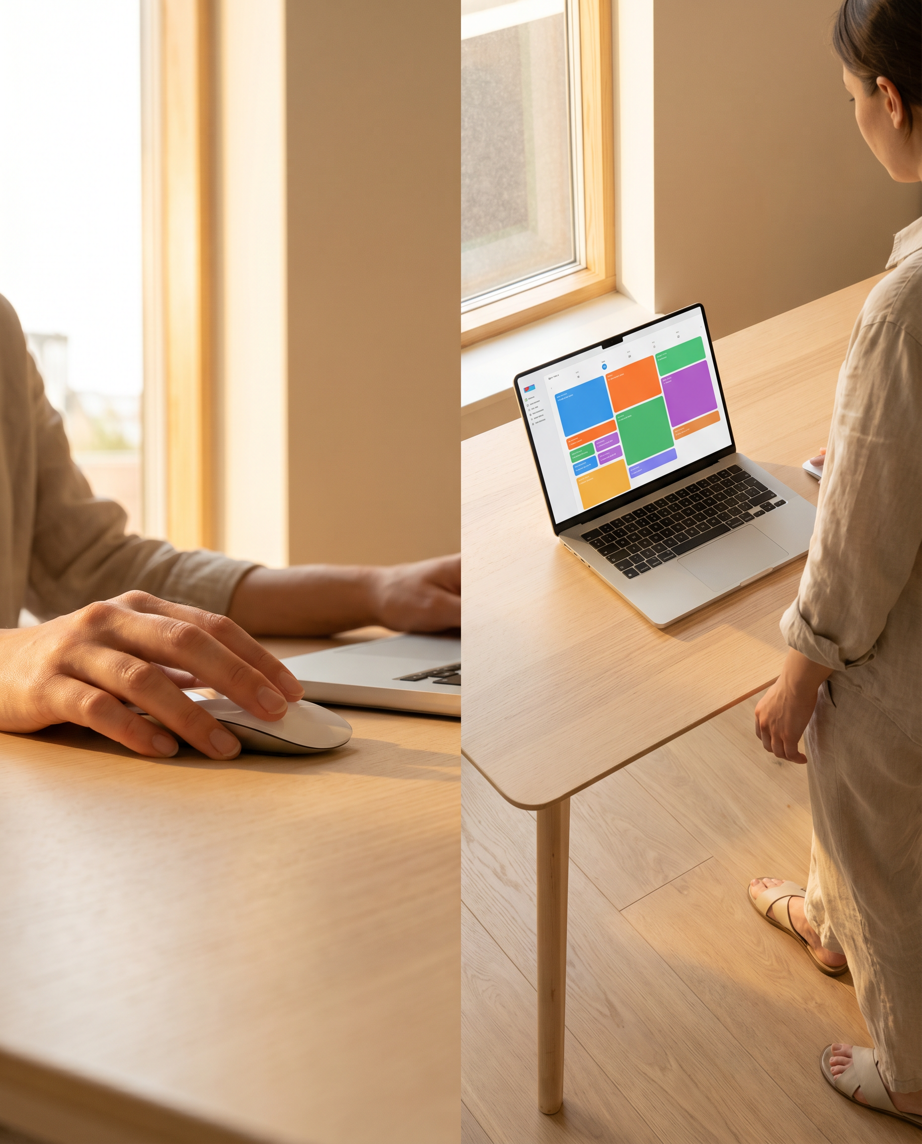 Photorealistic editorial photograph: split-screen moment showing a content creator's hands releasing a computer mouse in relief, stepping back from a minimalist desk with a single open laptop displayi