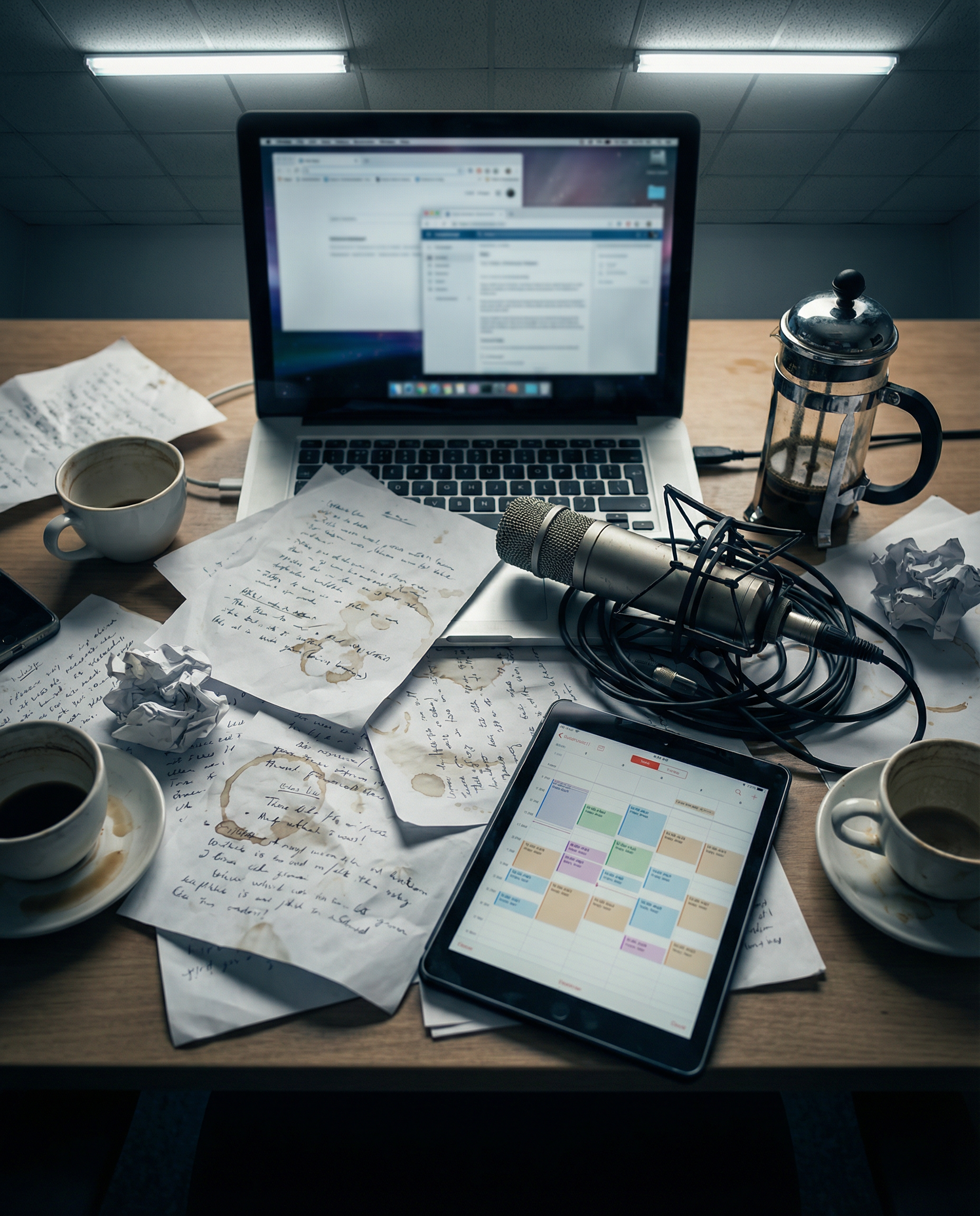 Photorealistic editorial photograph: overhead view of cluttered desk showing fragmented podcast workflow, multiple browser tabs open on laptop screen, handwritten script pages scattered across workspa