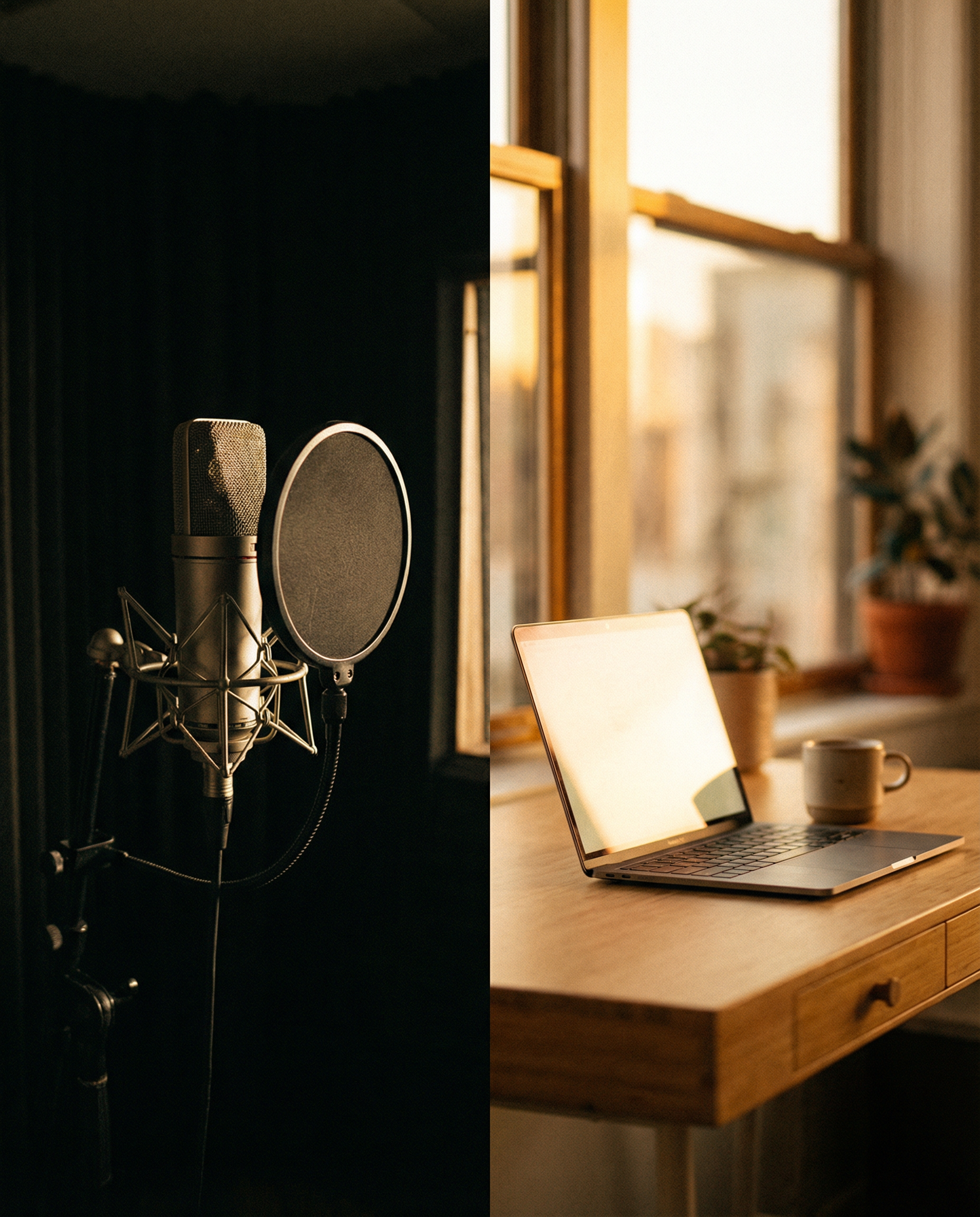 Photorealistic editorial photograph: split diptych composition showing vocal recording booth on left with vintage condenser microphone and pop filter in darkness, contrasted with right side displaying