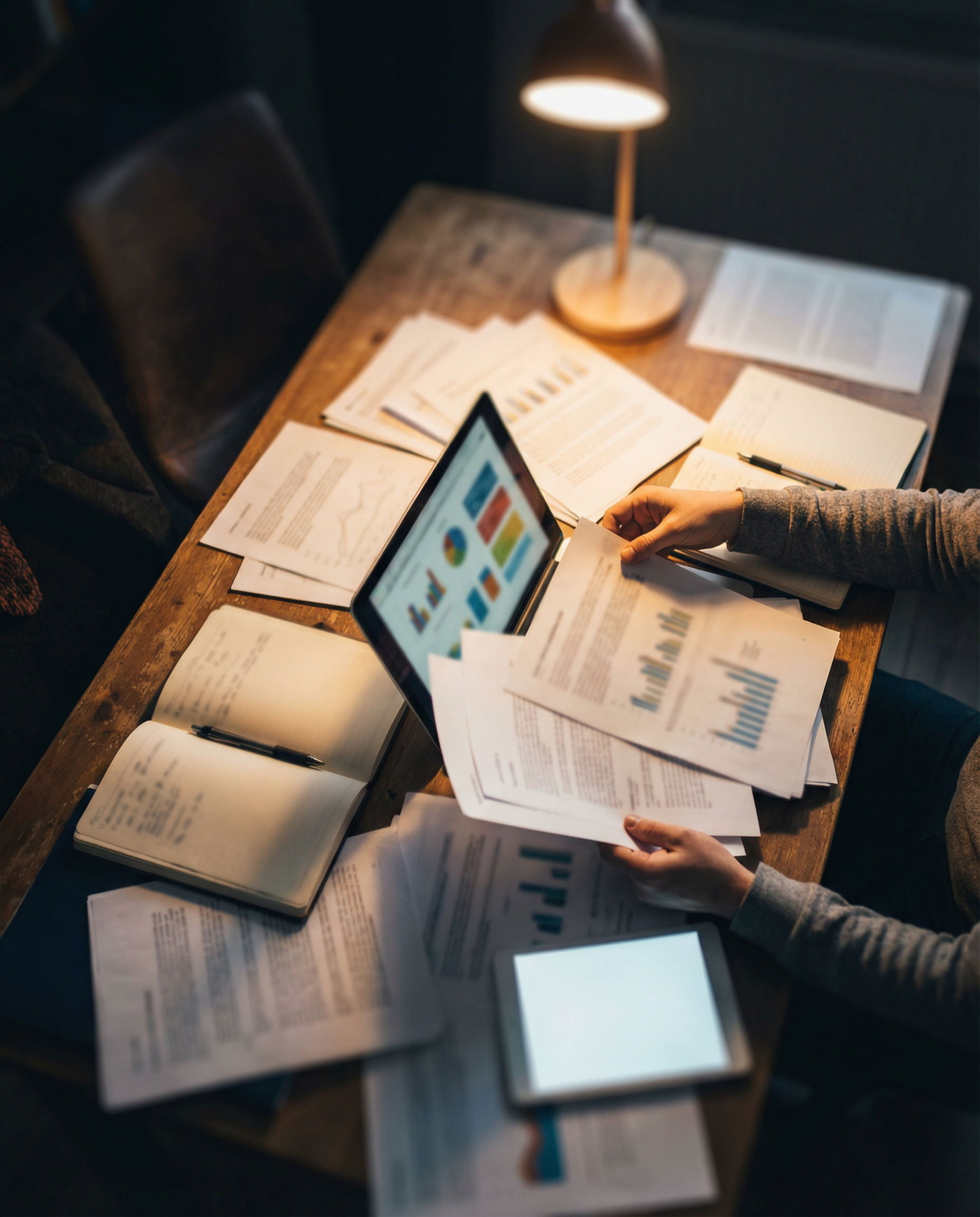 Photorealistic editorial photograph: dramatic overhead shot of content marketer's desk with multiple source materials spread across surface—open blog post printouts, presentation deck pages, webinar t