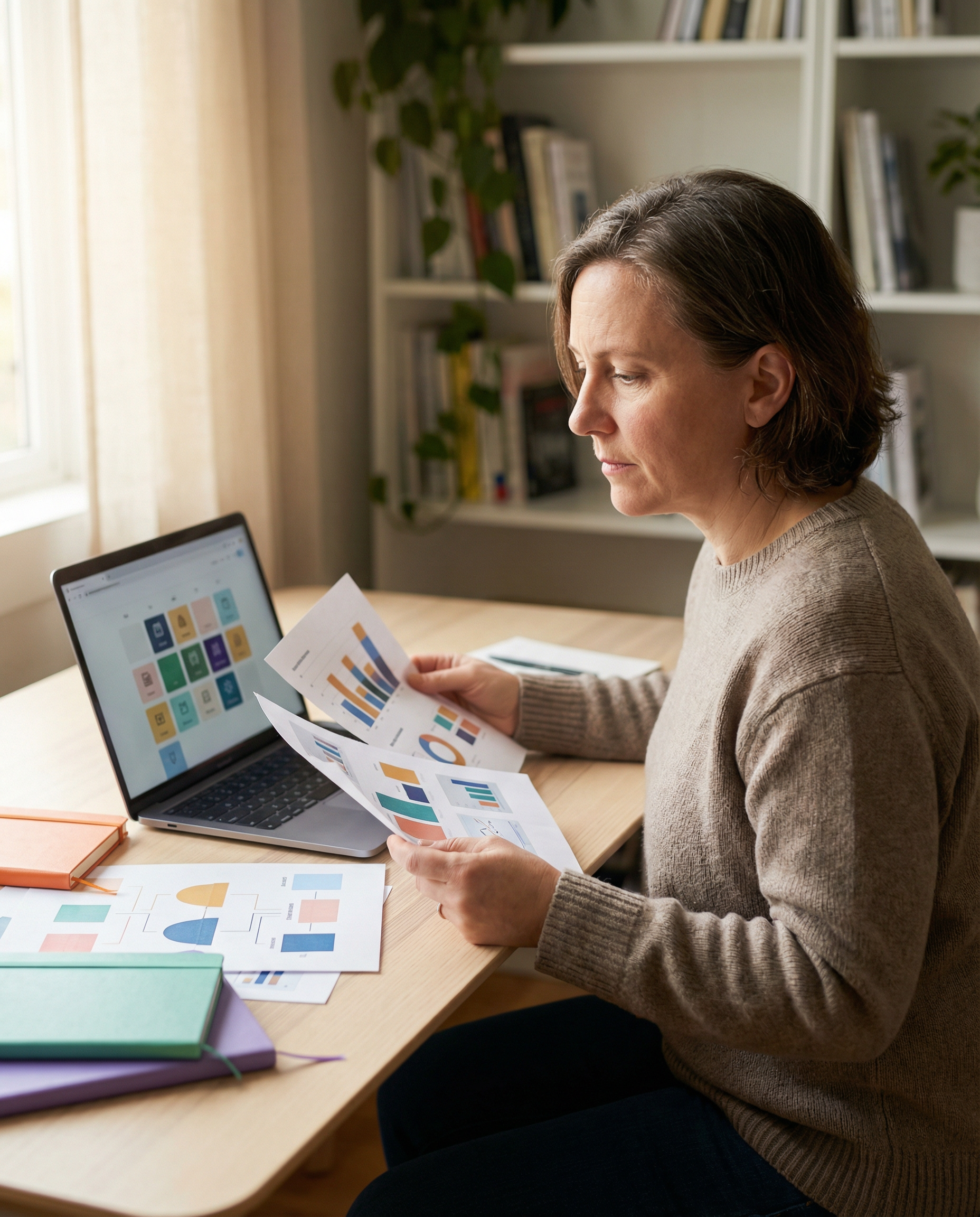 Photorealistic editorial photograph: medium shot of content strategist seated at minimal desk reviewing printed analytics charts and audience feedback sheets, natural window light from left creating s